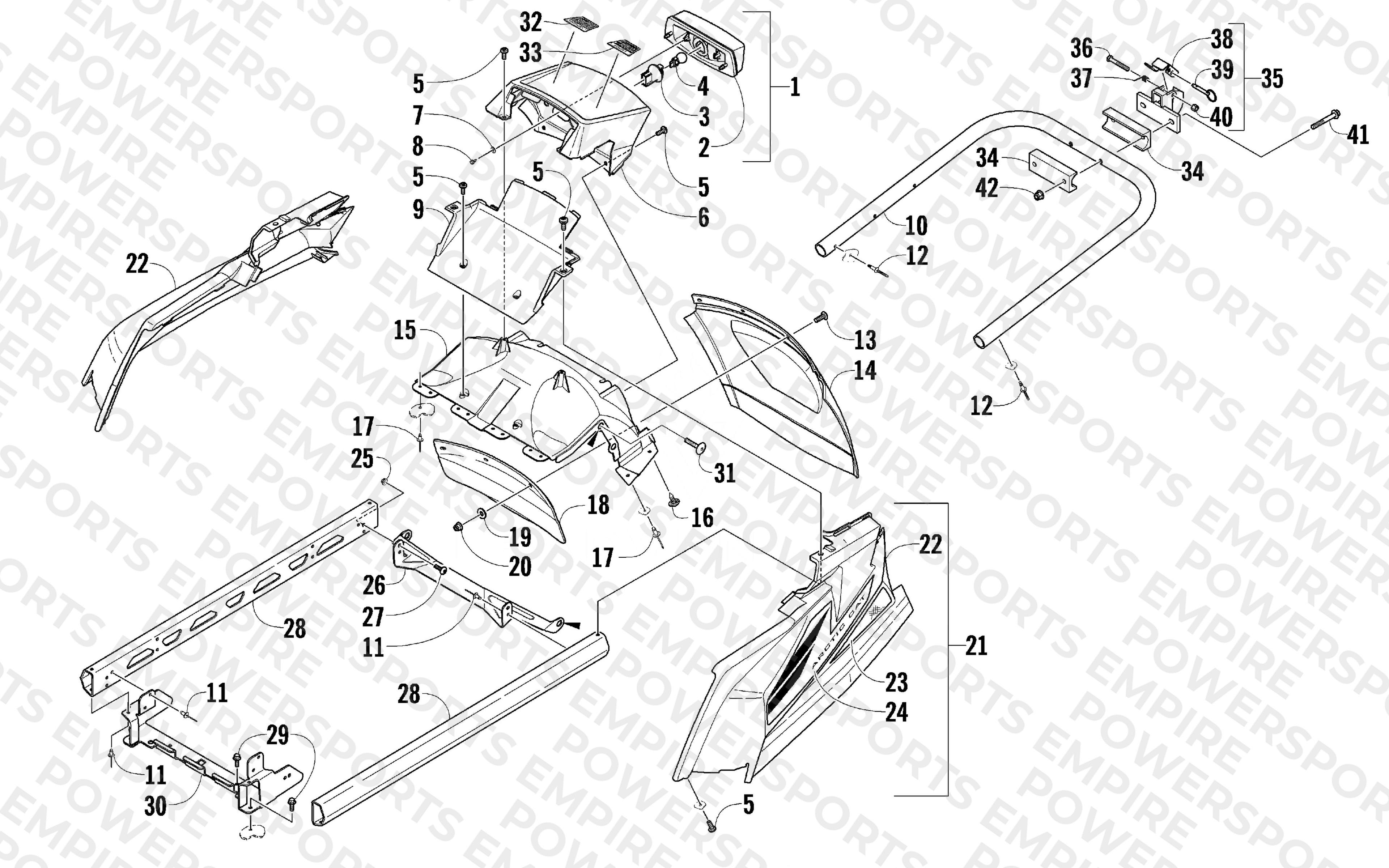 REAR BUMPER, RACK RAIL, SNOWFLAP, AND TAILLIGHT ASSEMBLY