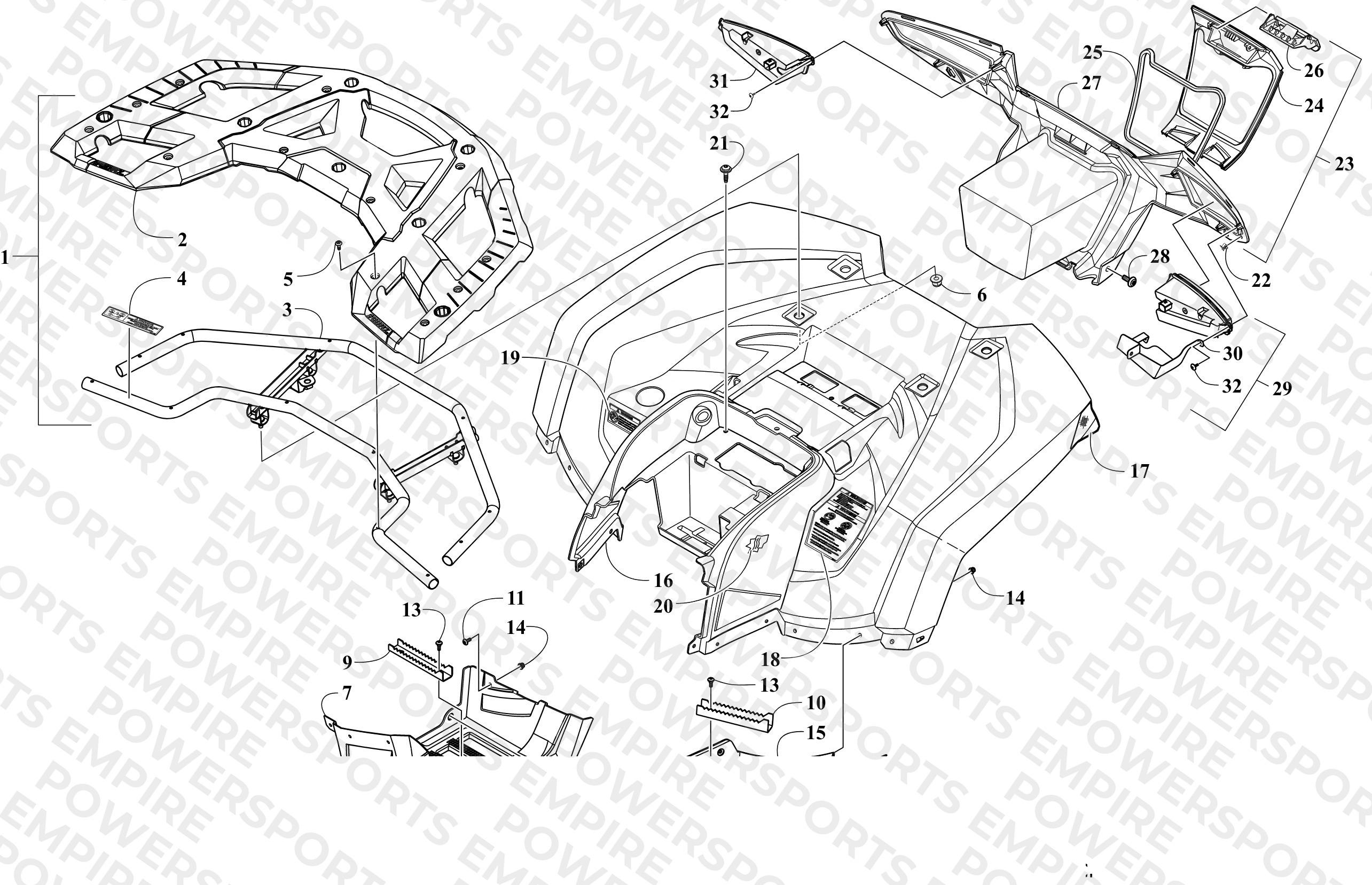 REAR RACK, BODY PANEL, FOOTWELL, AND TAILLIGHT ASSEMBLIES