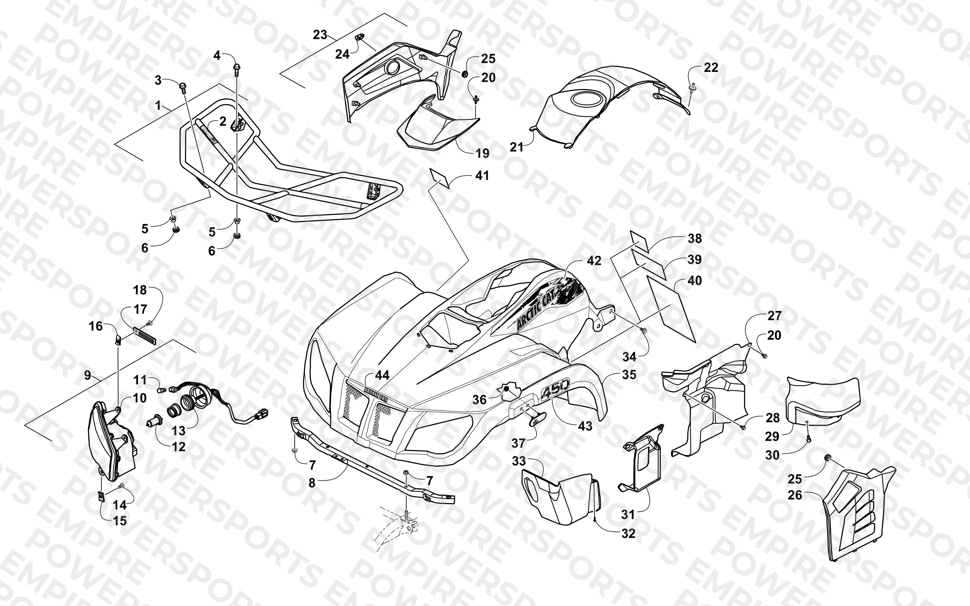 FRONT RACK, BODY PANEL, AND HEADLIGHT ASSEMBLIES