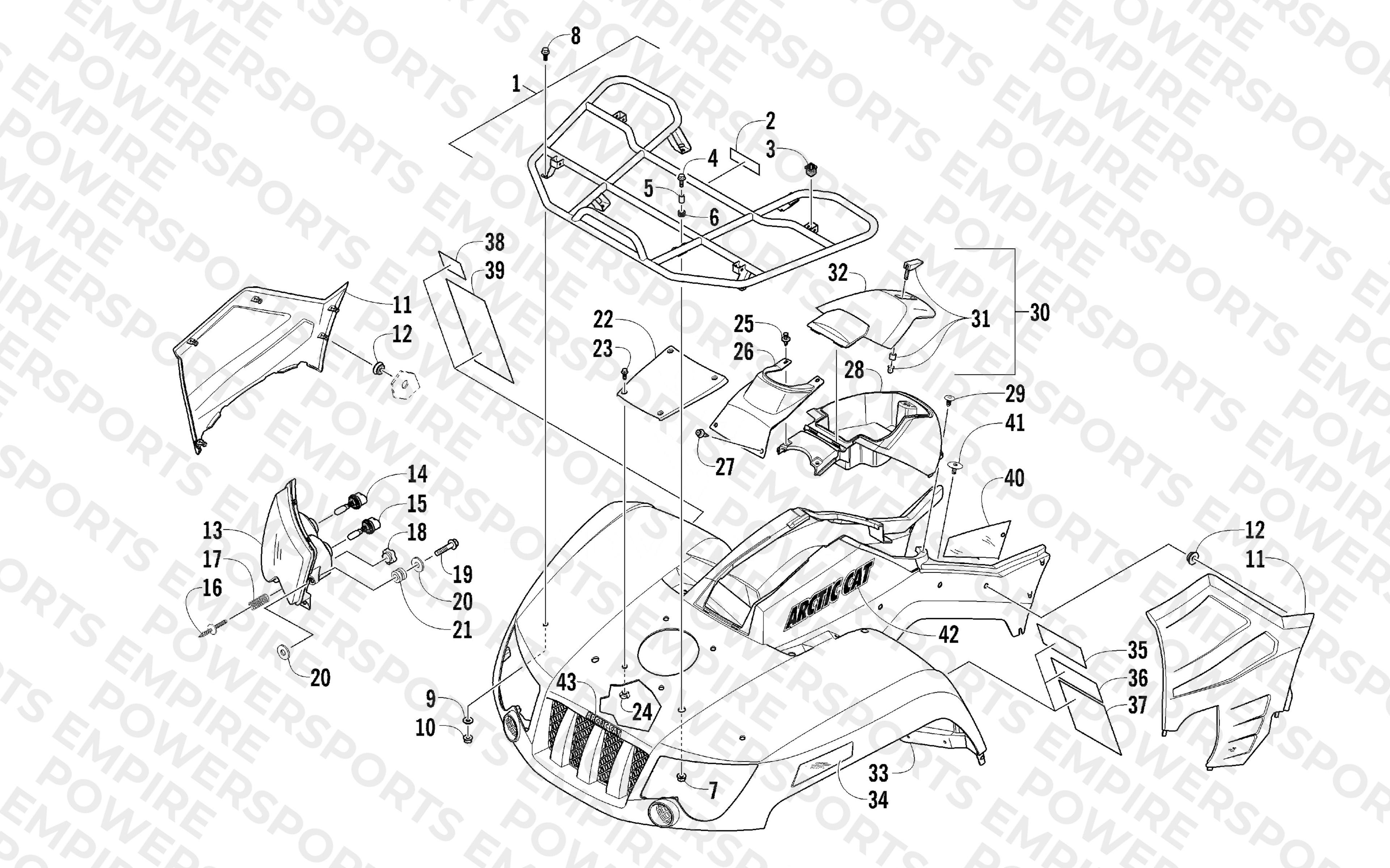 FRONT RACK, BODY PANEL, AND HEADLIGHT ASSEMBLIES