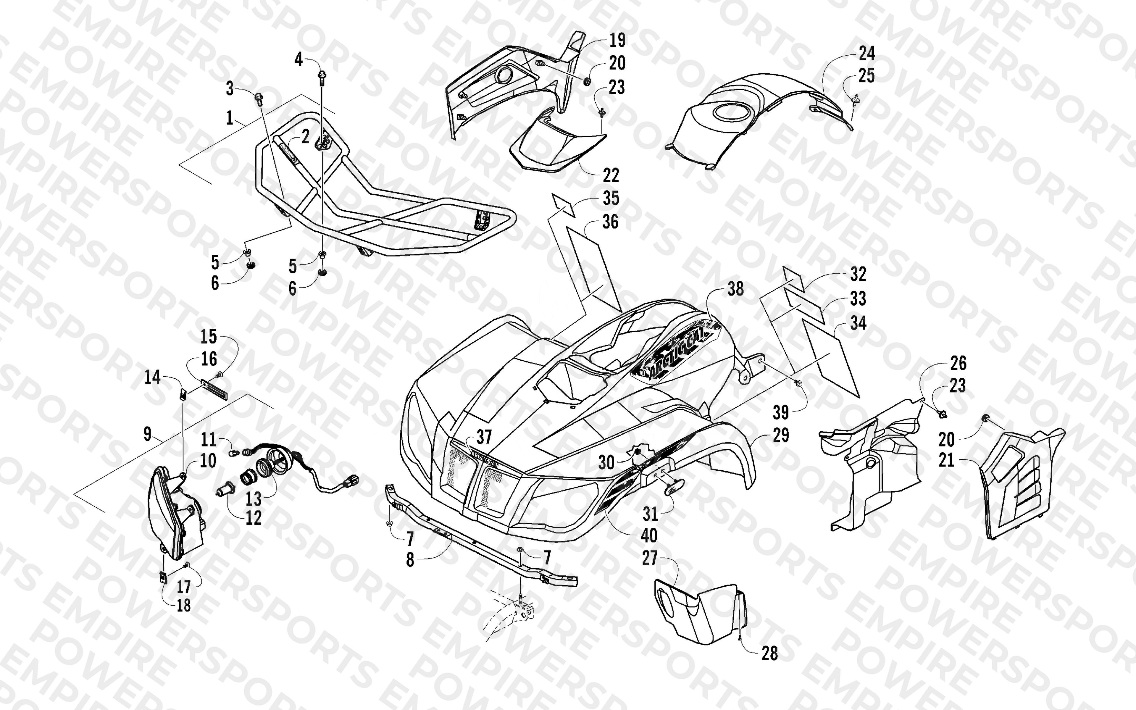 FRONT BODY, RACK, AND HEADLIGHT ASSEMBLY