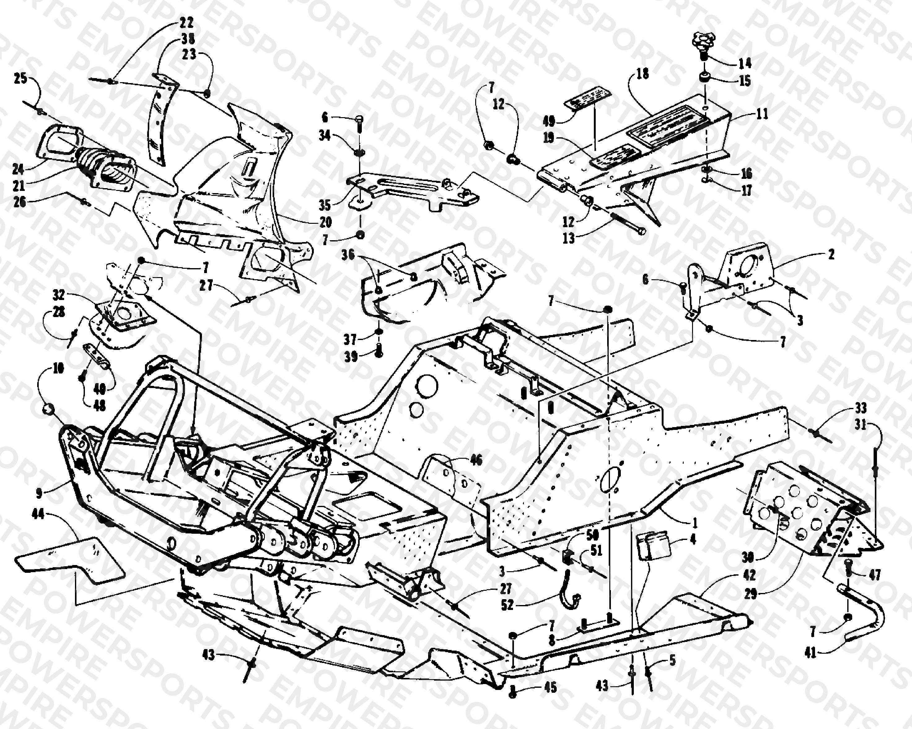 FRONT FRAME, BELLY PAN AND FOOTREST ASSEMBLY