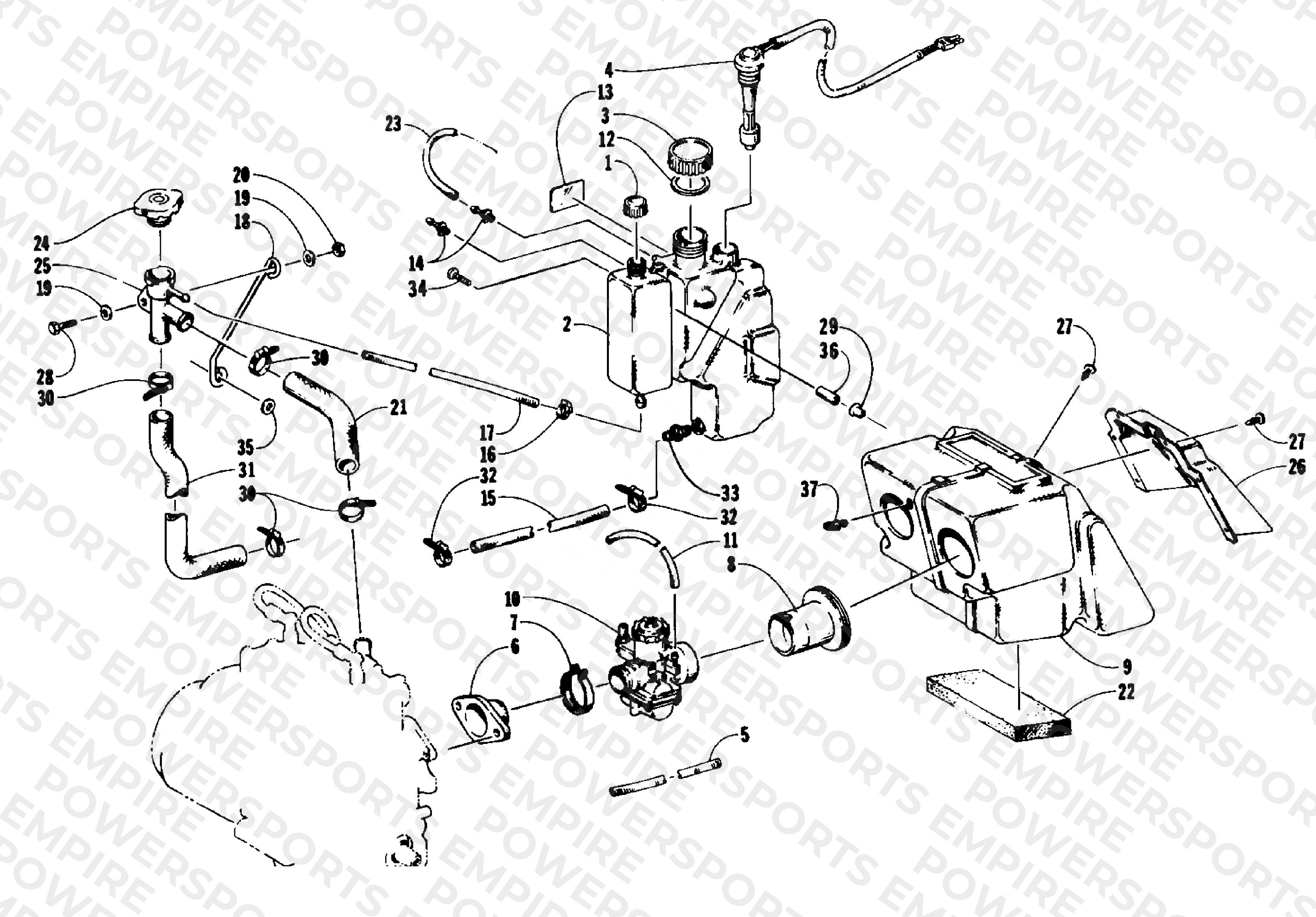 OIL/WATER TANK, CARBURETOR, AND SILENCER ASSEMBLIES