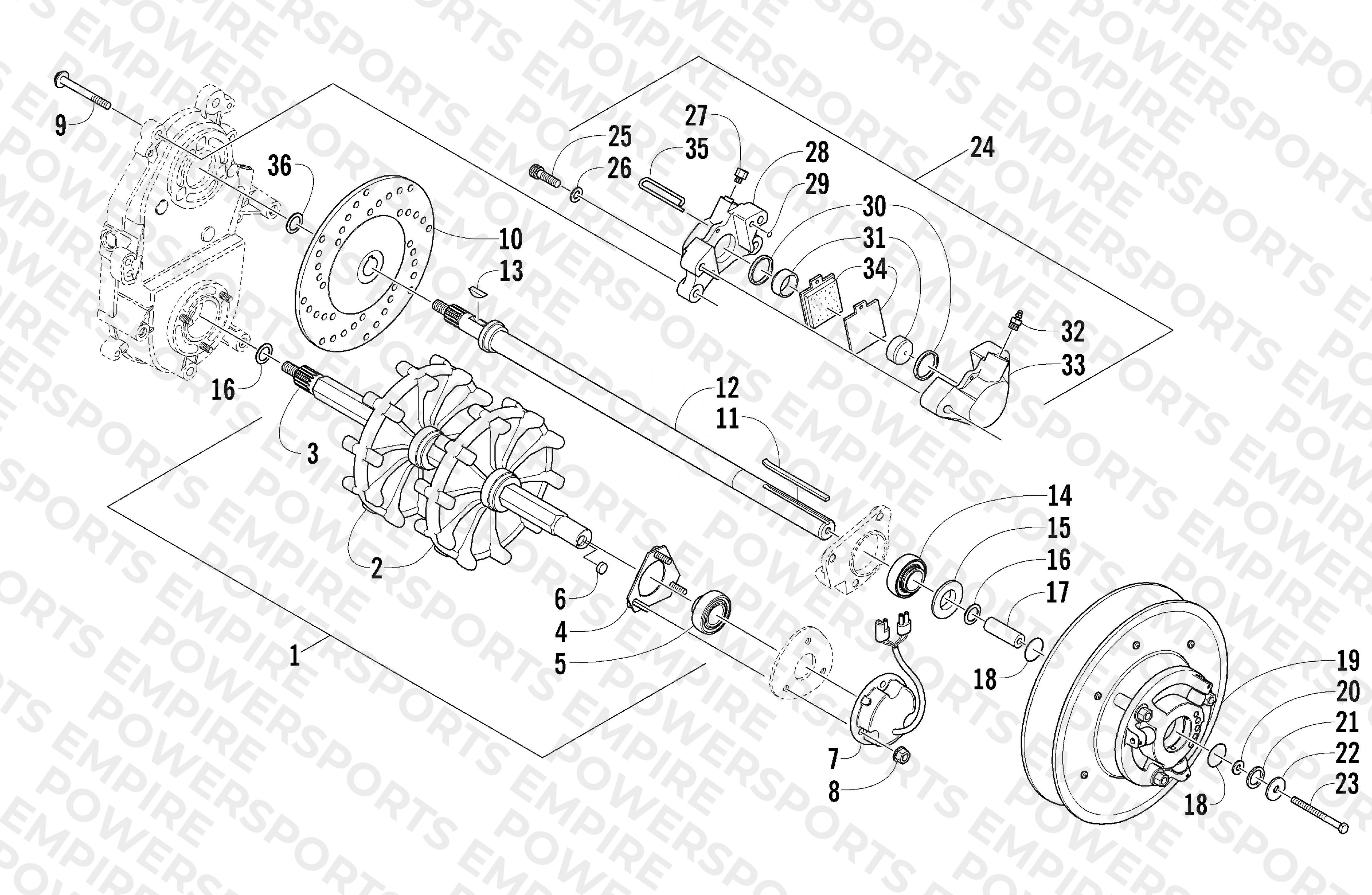 DRIVE TRAIN SHAFTS AND BRAKE ASSEMBLIES