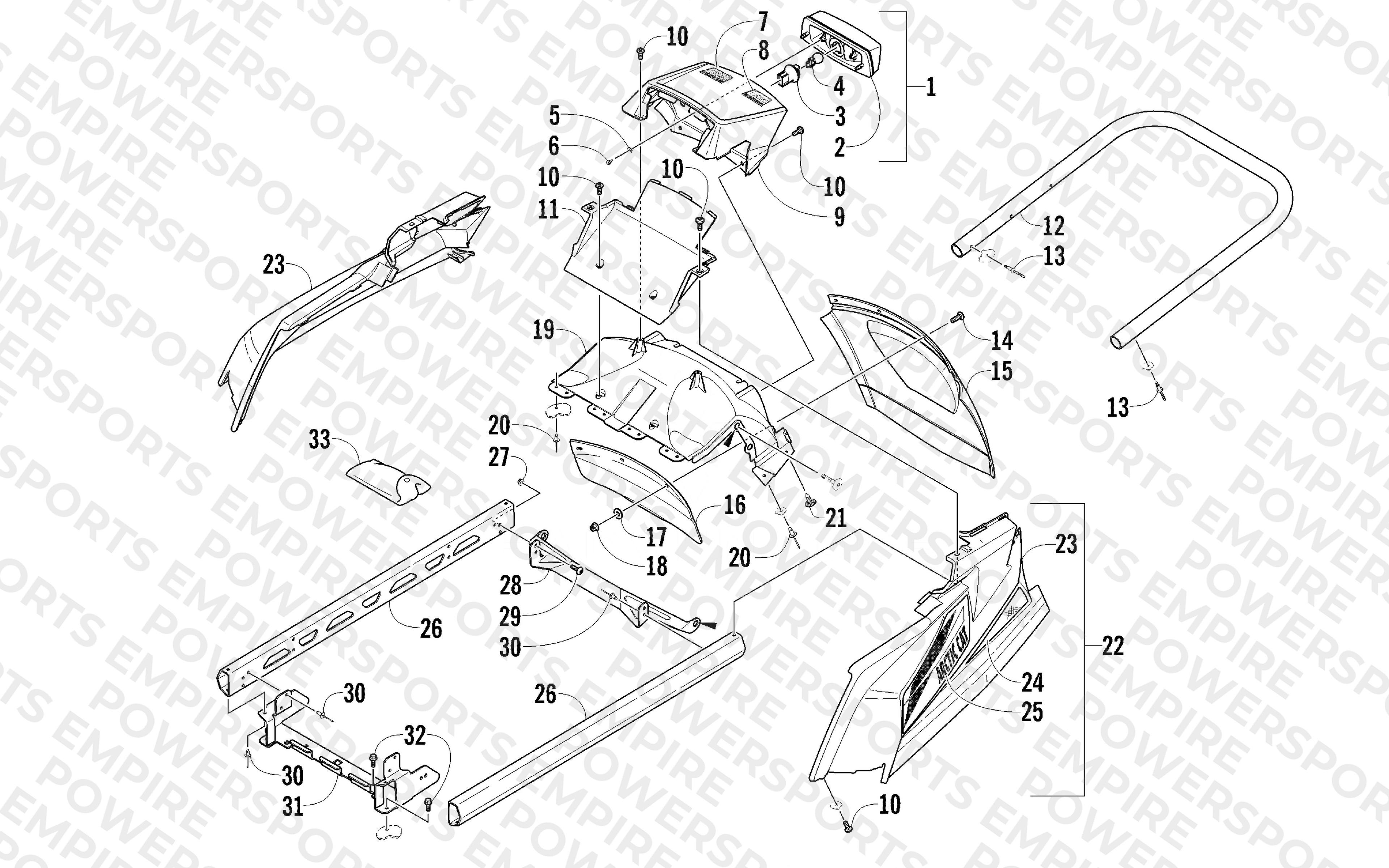 REAR BUMPER, RACK RAIL, SNOWFLAP, AND TAILLIGHT ASSEMBLY