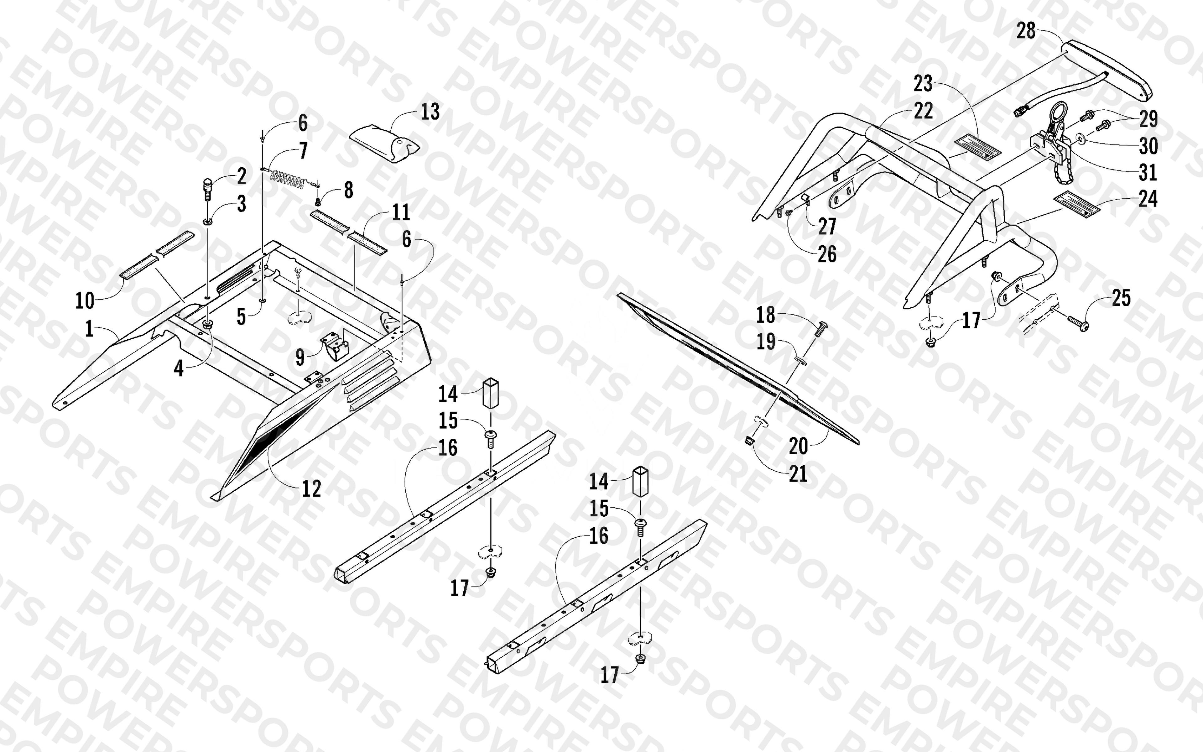 REAR BUMPER, RACK RAIL, SNOWFLAP, AND TAILLIGHT ASSEMBLY