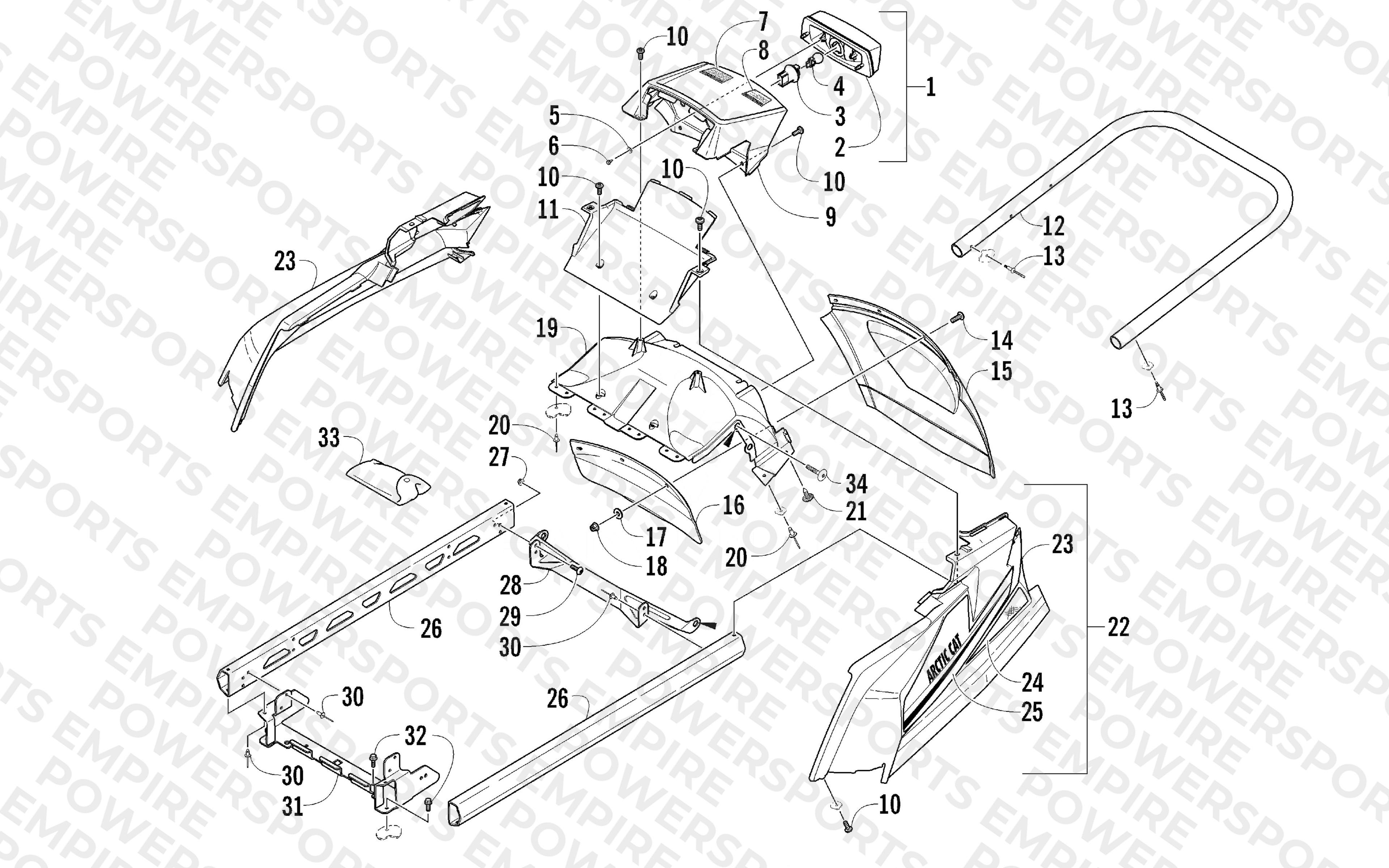 REAR BUMPER, RACK RAIL, SNOWFLAP, AND TAILLIGHT ASSEMBLY