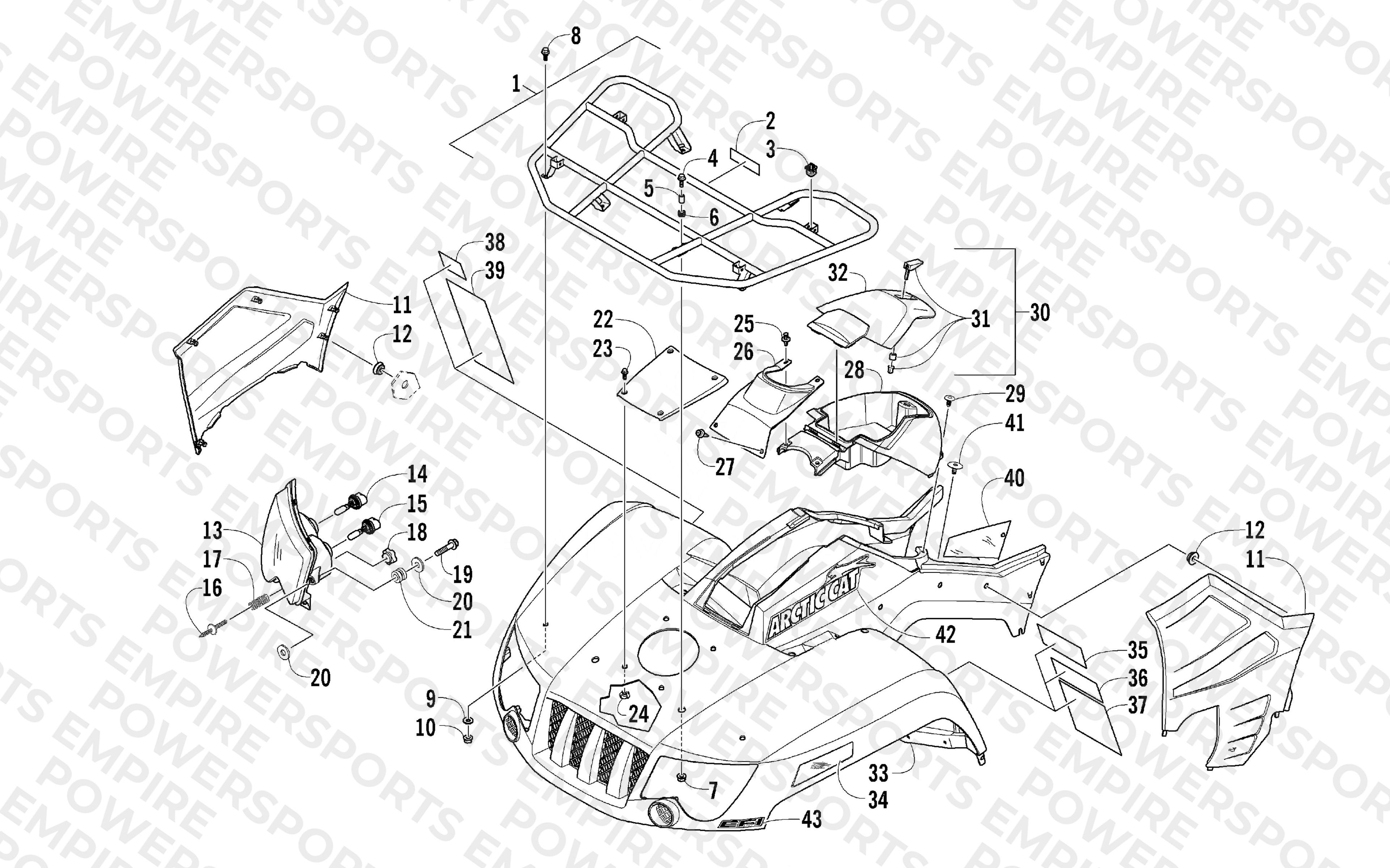 FRONT RACK, BODY PANEL, AND HEADLIGHT ASSEMBLIES