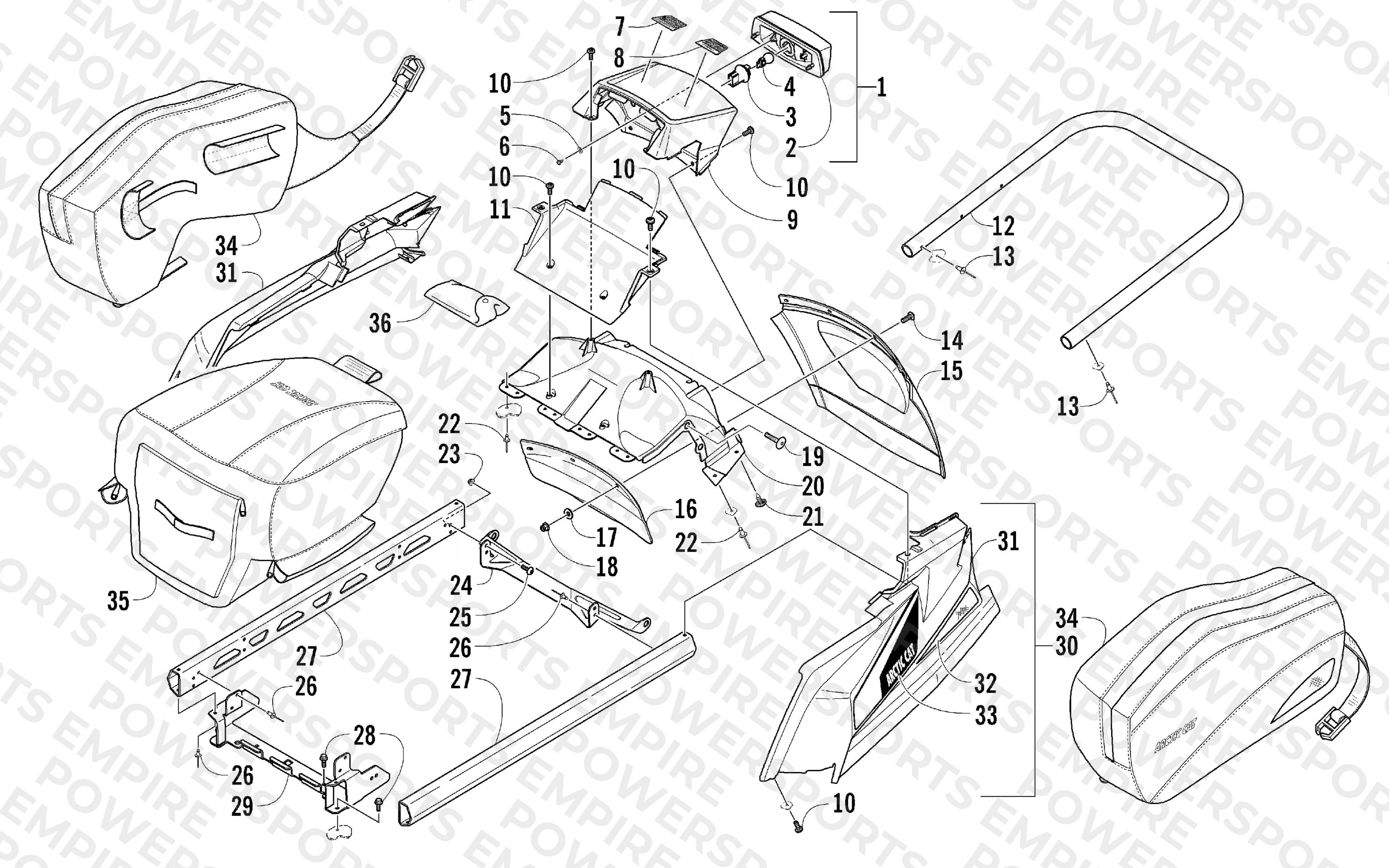 REAR BUMPER, RACK RAIL, SNOWFLAP, AND TAILLIGHT ASSEMBLY