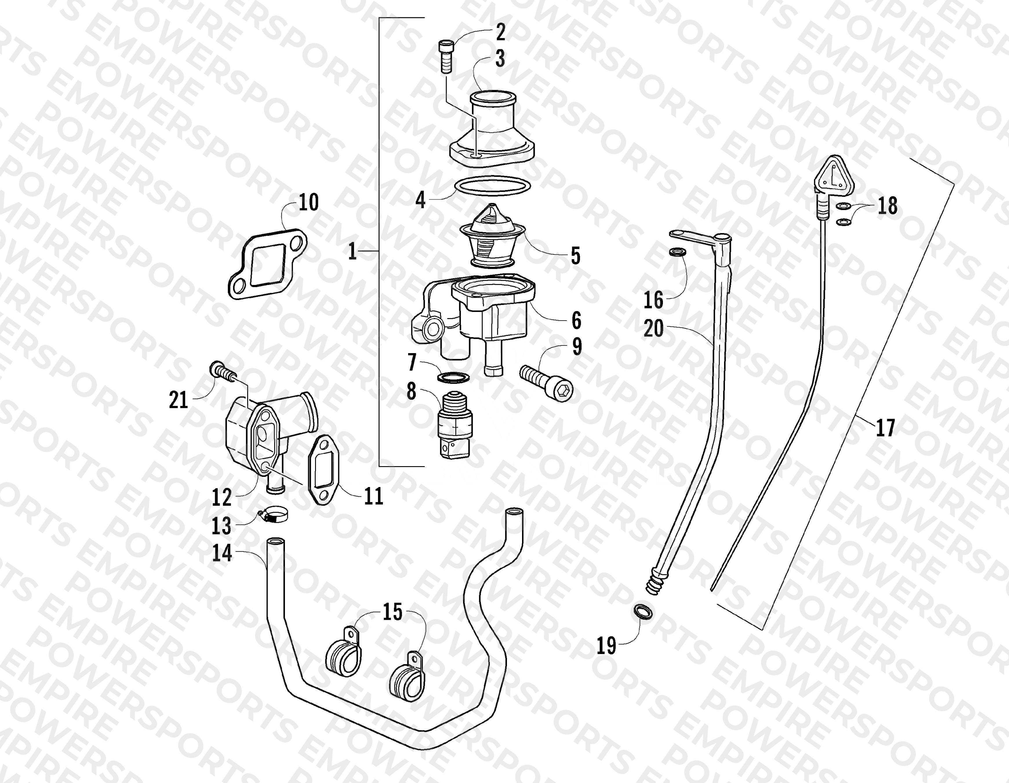 THERMOSTAT, WATER INLET FLANGE, AND OIL LEVEL STICK ASSEMBLIES