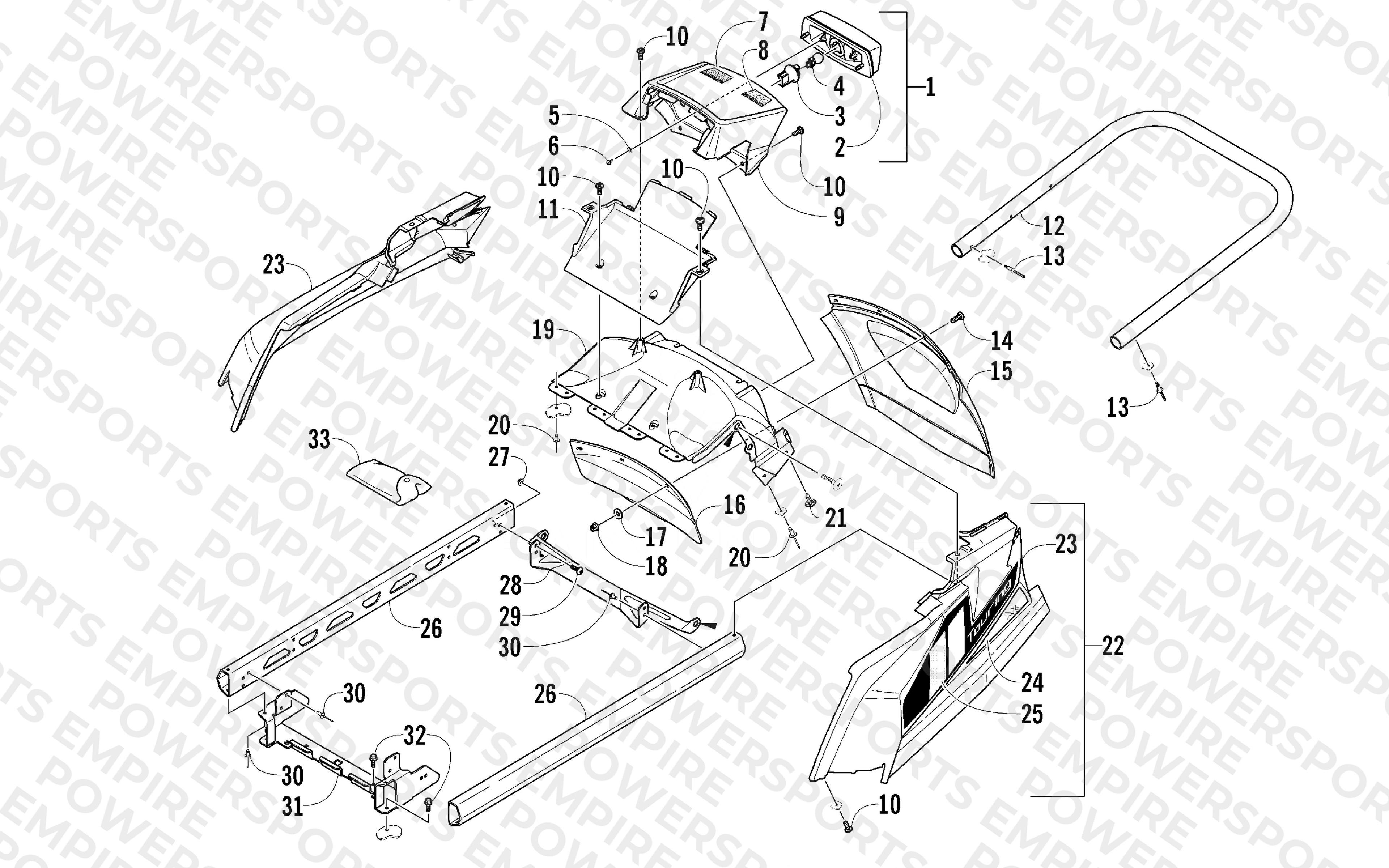 REAR BUMPER, RACK RAIL, SNOWFLAP, AND TAILLIGHT ASSEMBLY
