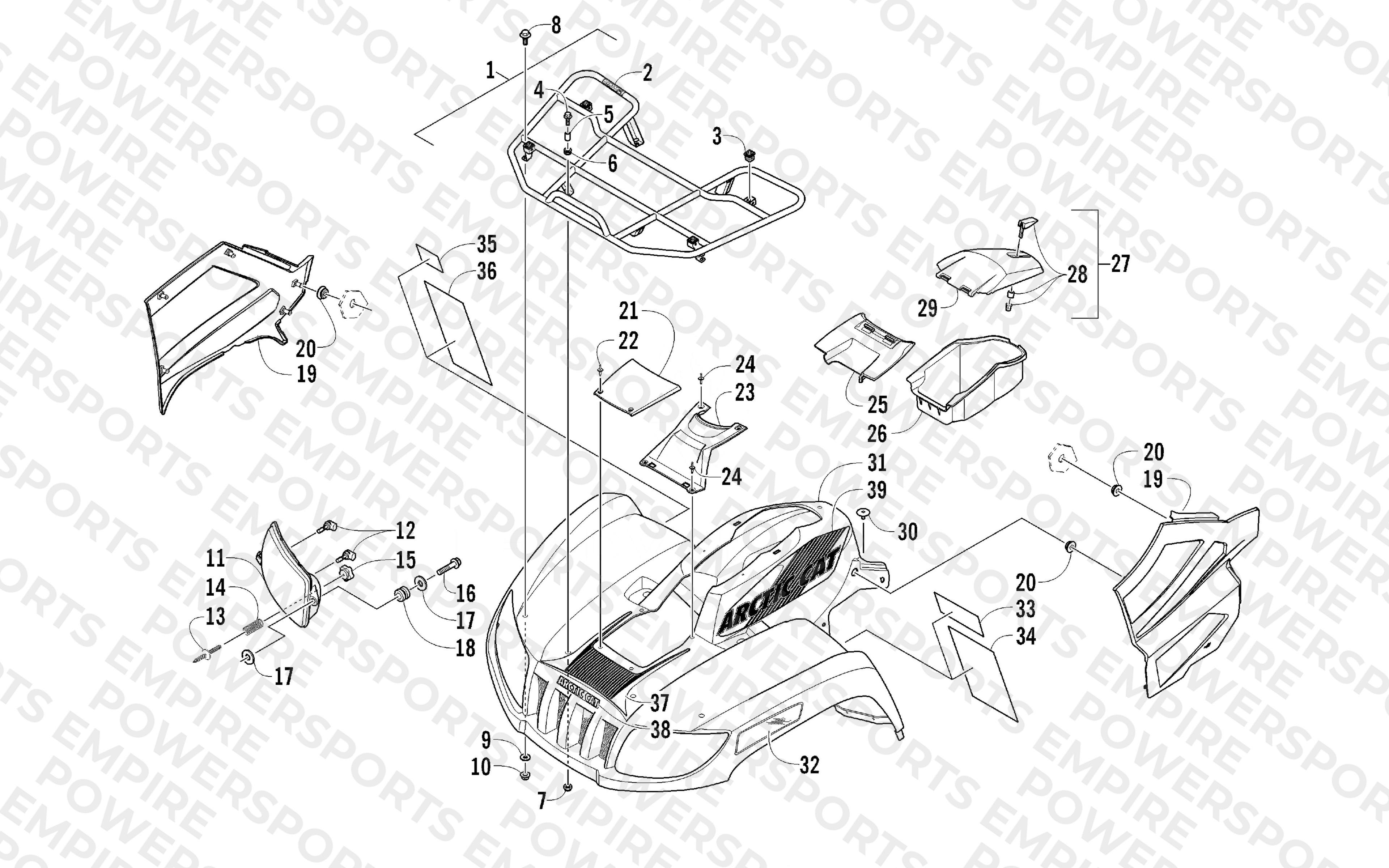FRONT RACK, BODY PANEL, AND HEADLIGHT ASSEMBLIES