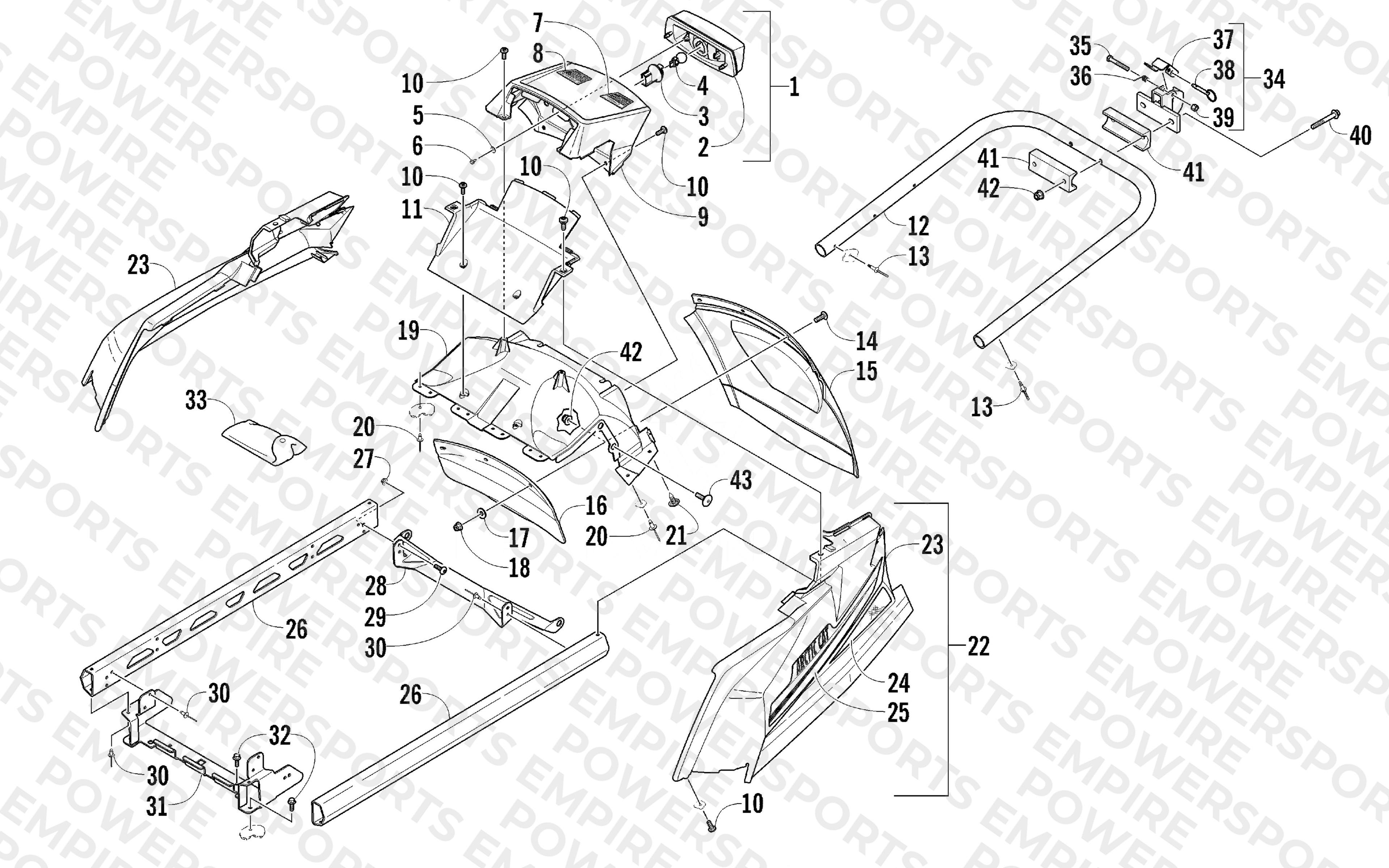 REAR BUMPER, HITCH, RACK RAIL, SNOWFLAP, AND TAILLIGHT ASSEMBLY