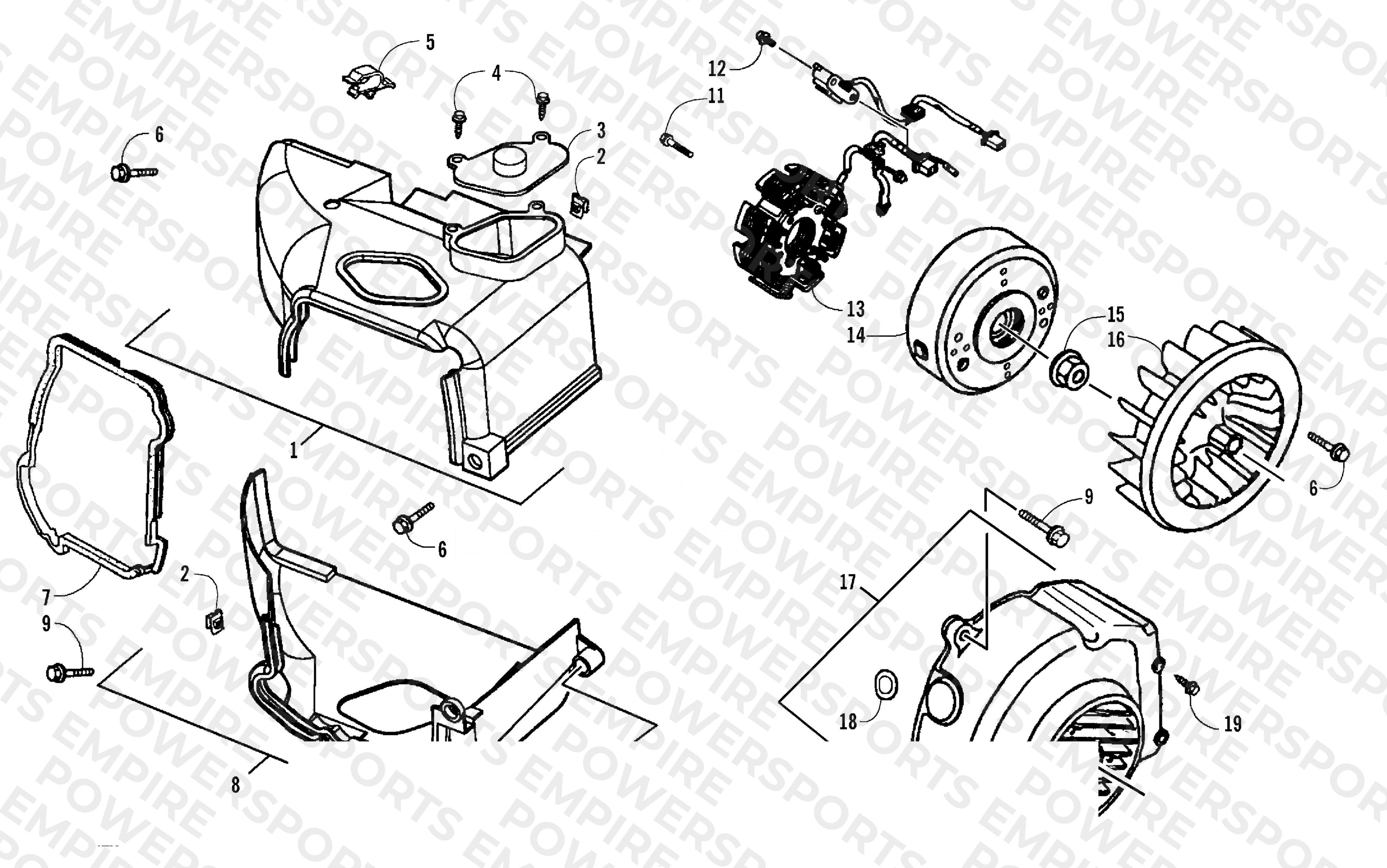 STATOR, FLYWHEEL, AND ENGINE SHROUD ASSEMBLIES