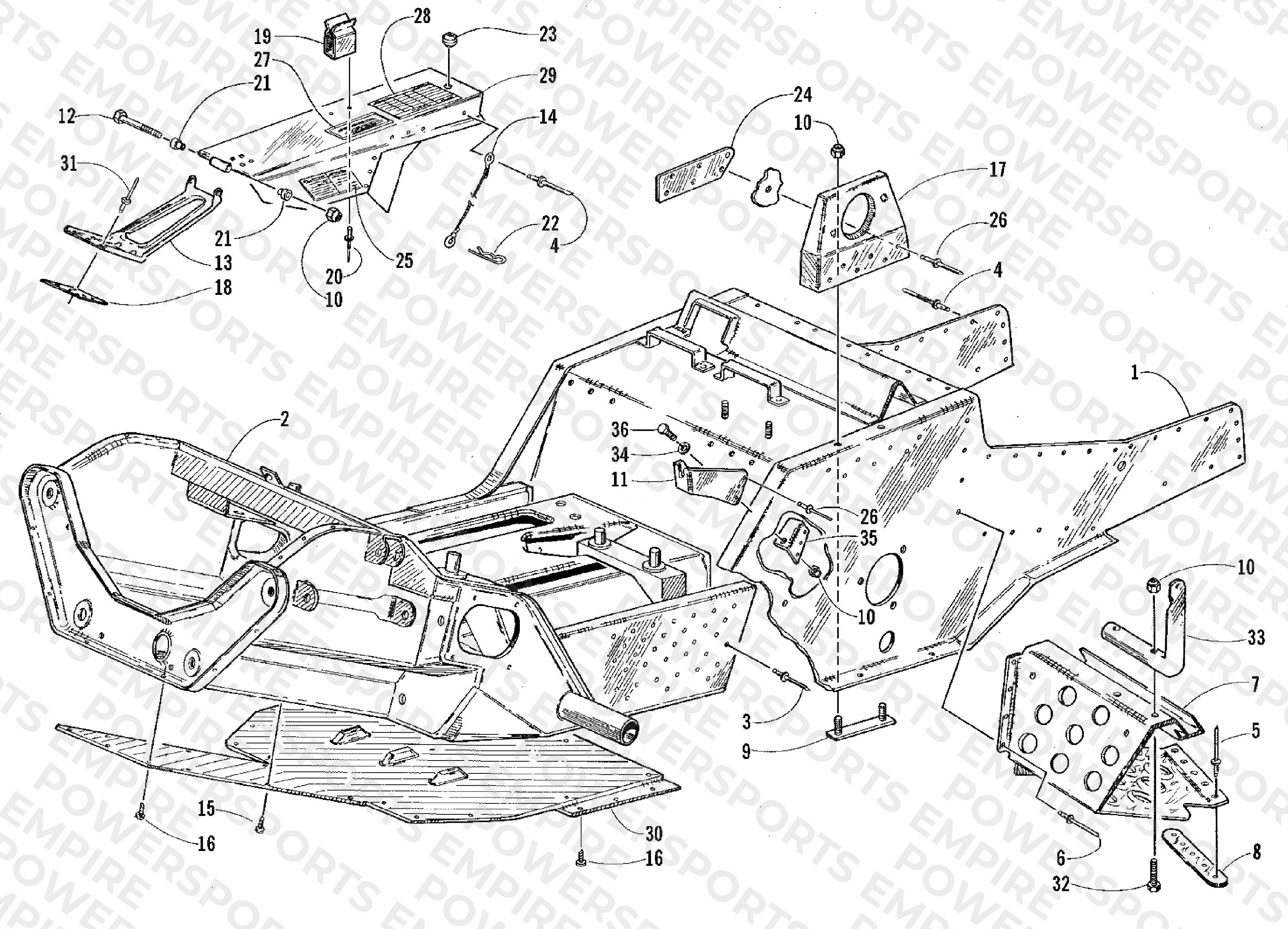 FRONT FRAME, BELLY PAN, AND FOOTREST ASSEMBLY