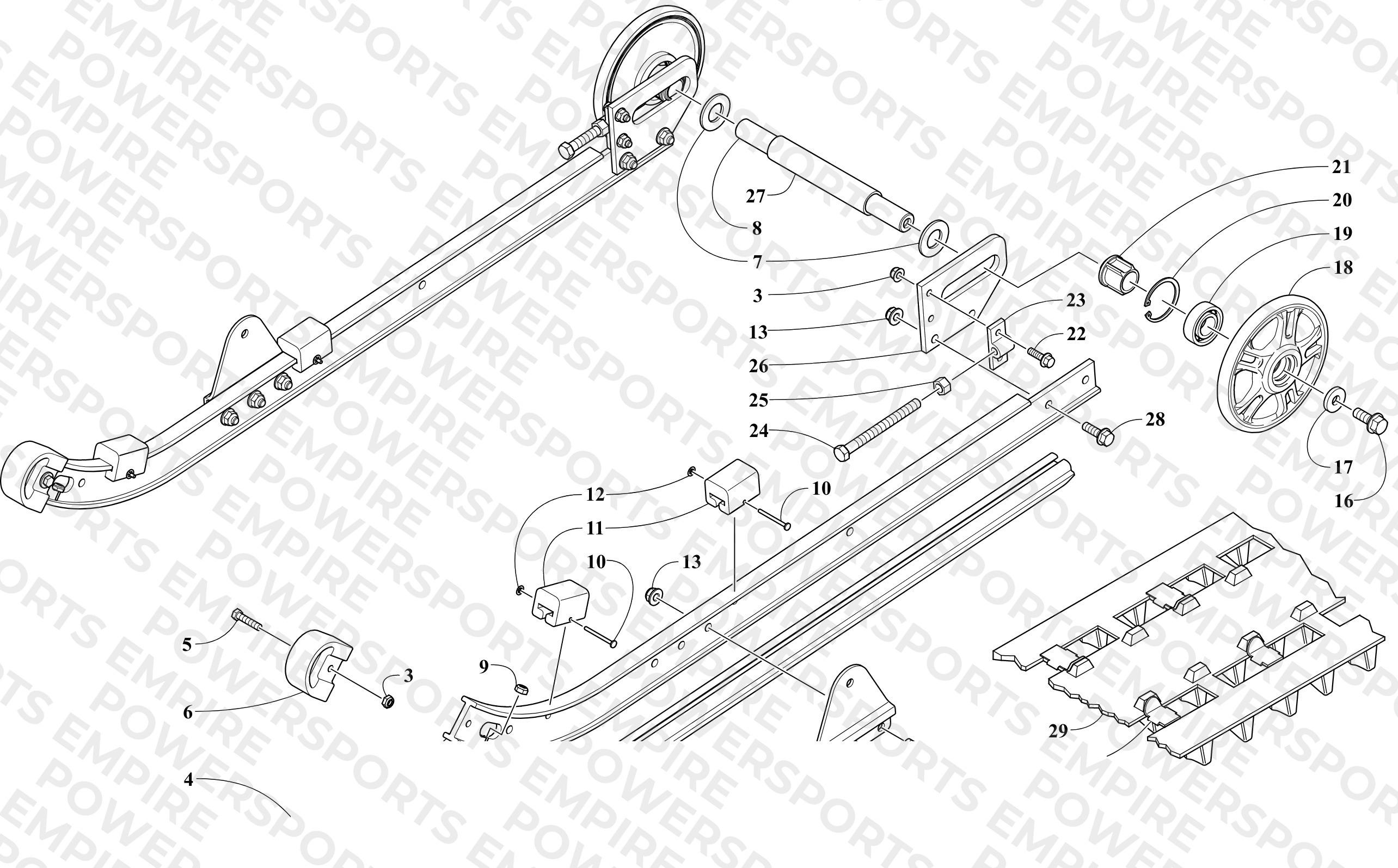 SLIDE RAIL, IDLER WHEELS, AND TRACK ASSEMBLY
