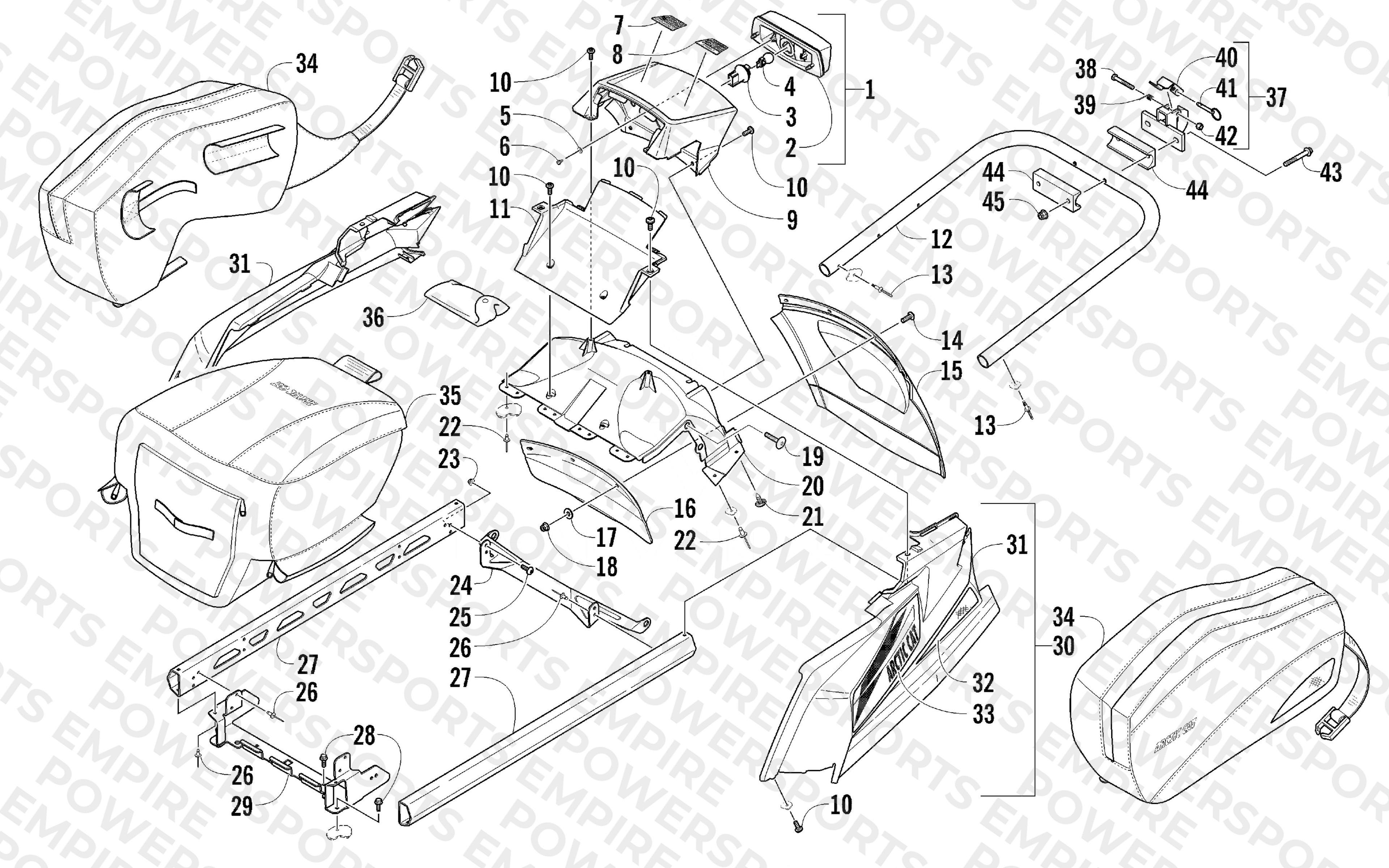 REAR BUMPER, RACK RAIL, SNOWFLAP, AND TAILLIGHT ASSEMBLY