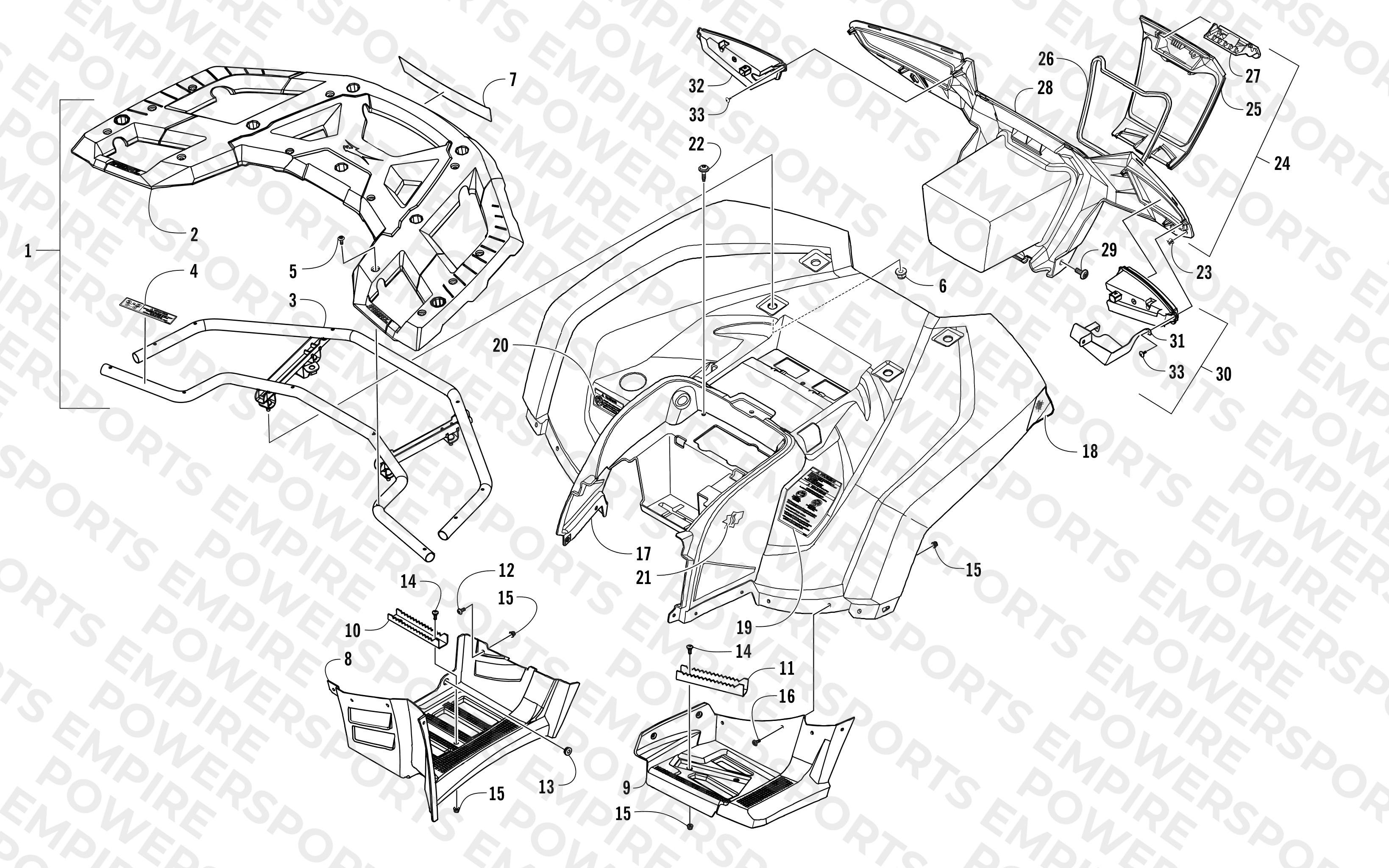 REAR RACK, BODY PANEL, FOOTWELL, AND TAILLIGHT ASSEMBLIES