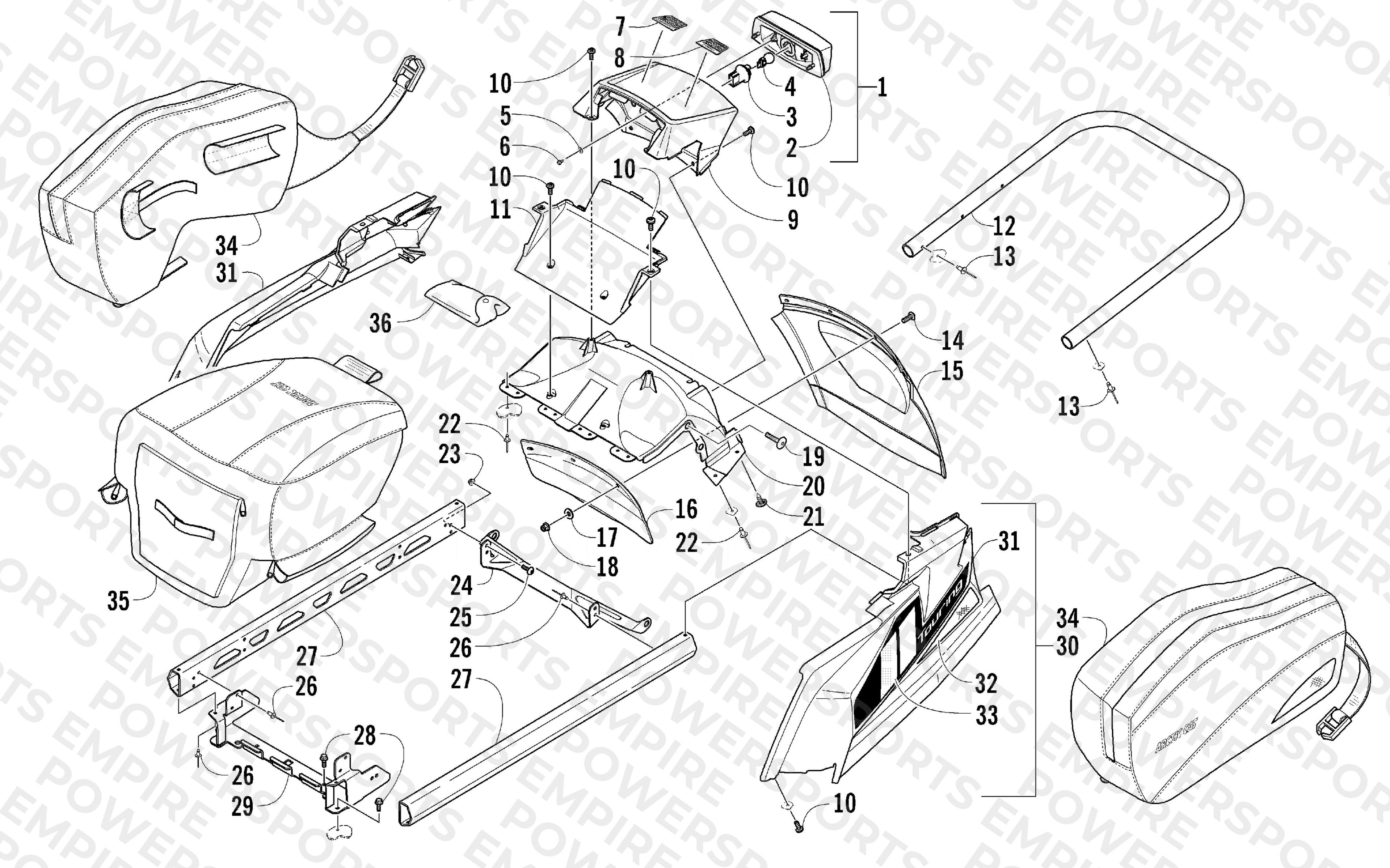 REAR BUMPER, RACK RAIL, SNOWFLAP, AND TAILLIGHT ASSEMBLY