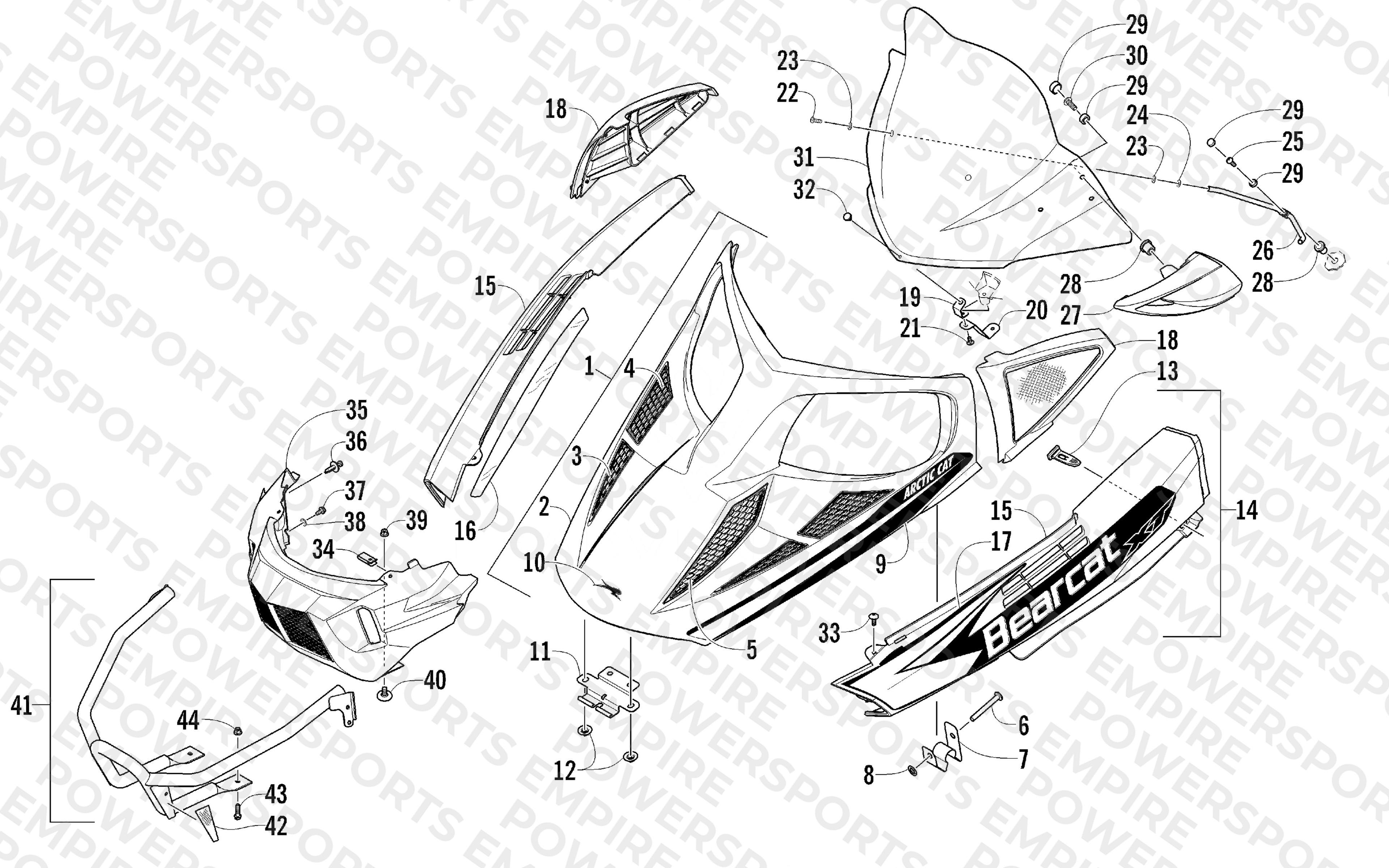 HOOD, WINDSHIELD, AND FRONT BUMPER ASSEMBLY