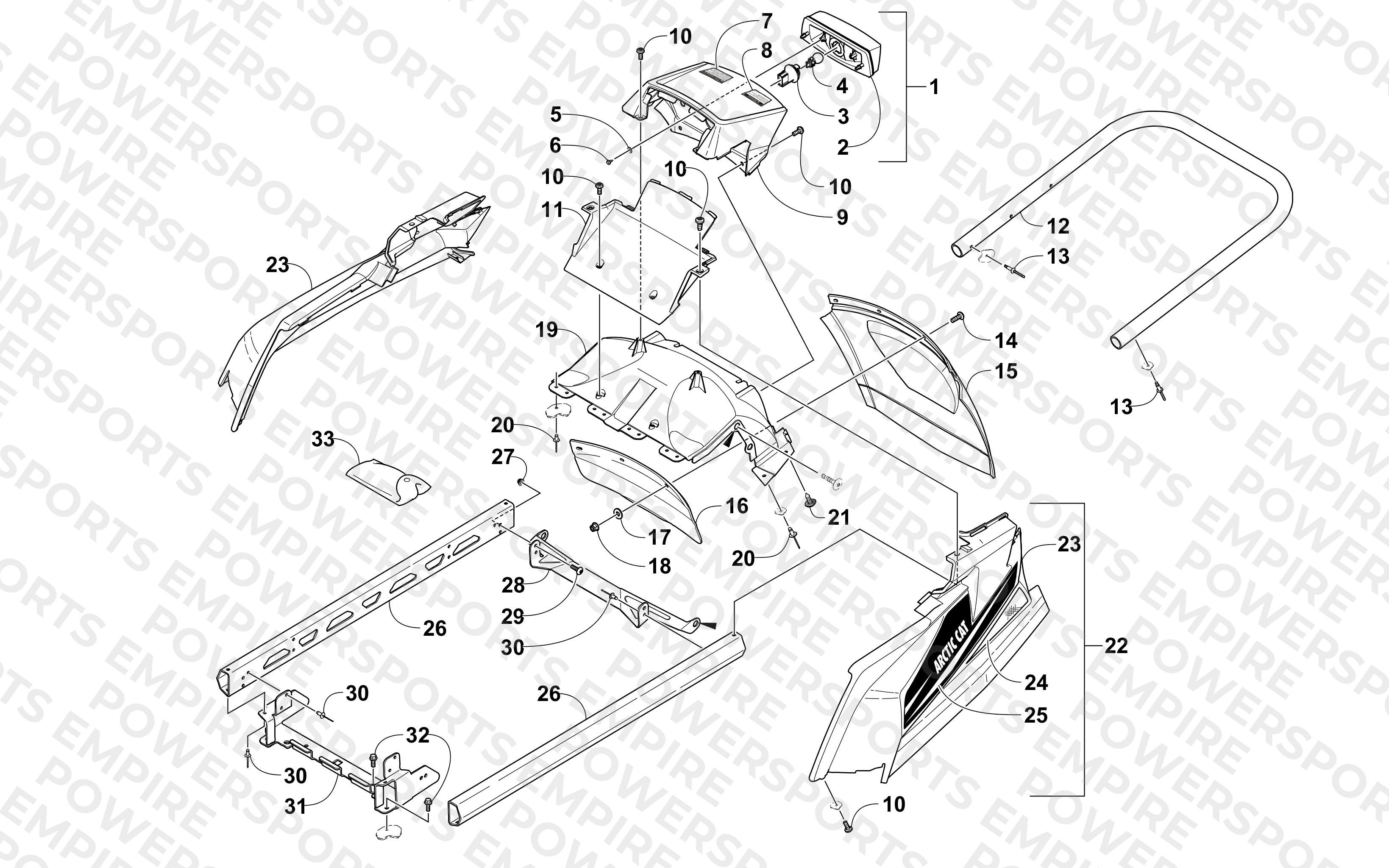 REAR BUMPER, RACK RAIL, SNOWFLAP, AND TAILLIGHT ASSEMBLY
