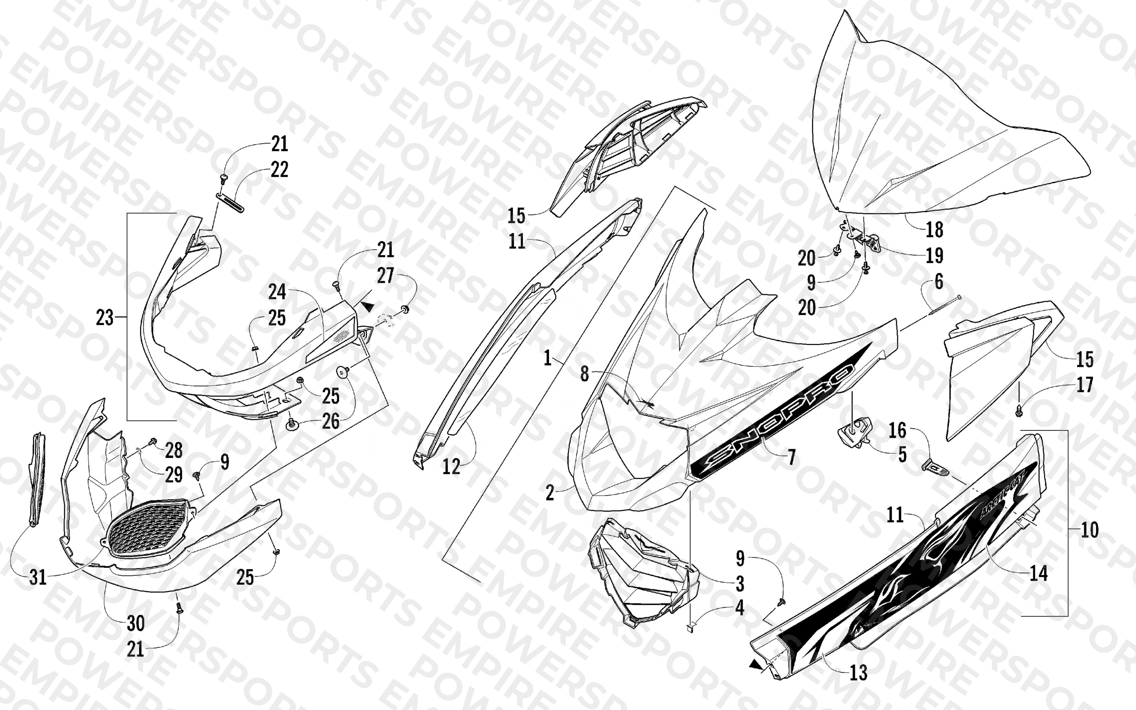 HOOD, WINDSHIELD, AND FRONT BUMPER ASSEMBLY