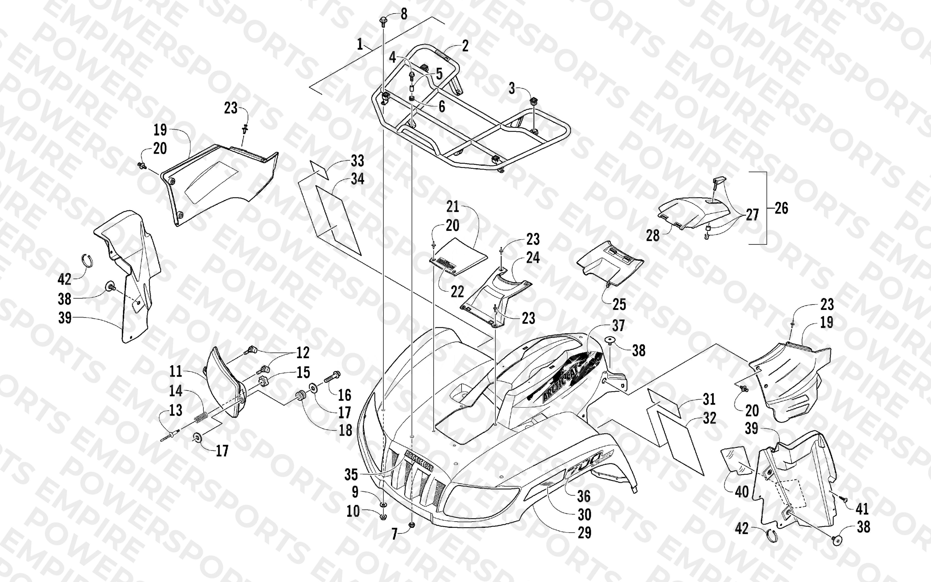 FRONT RACK, BODY PANEL, AND HEADLIGHT ASSEMBLIES