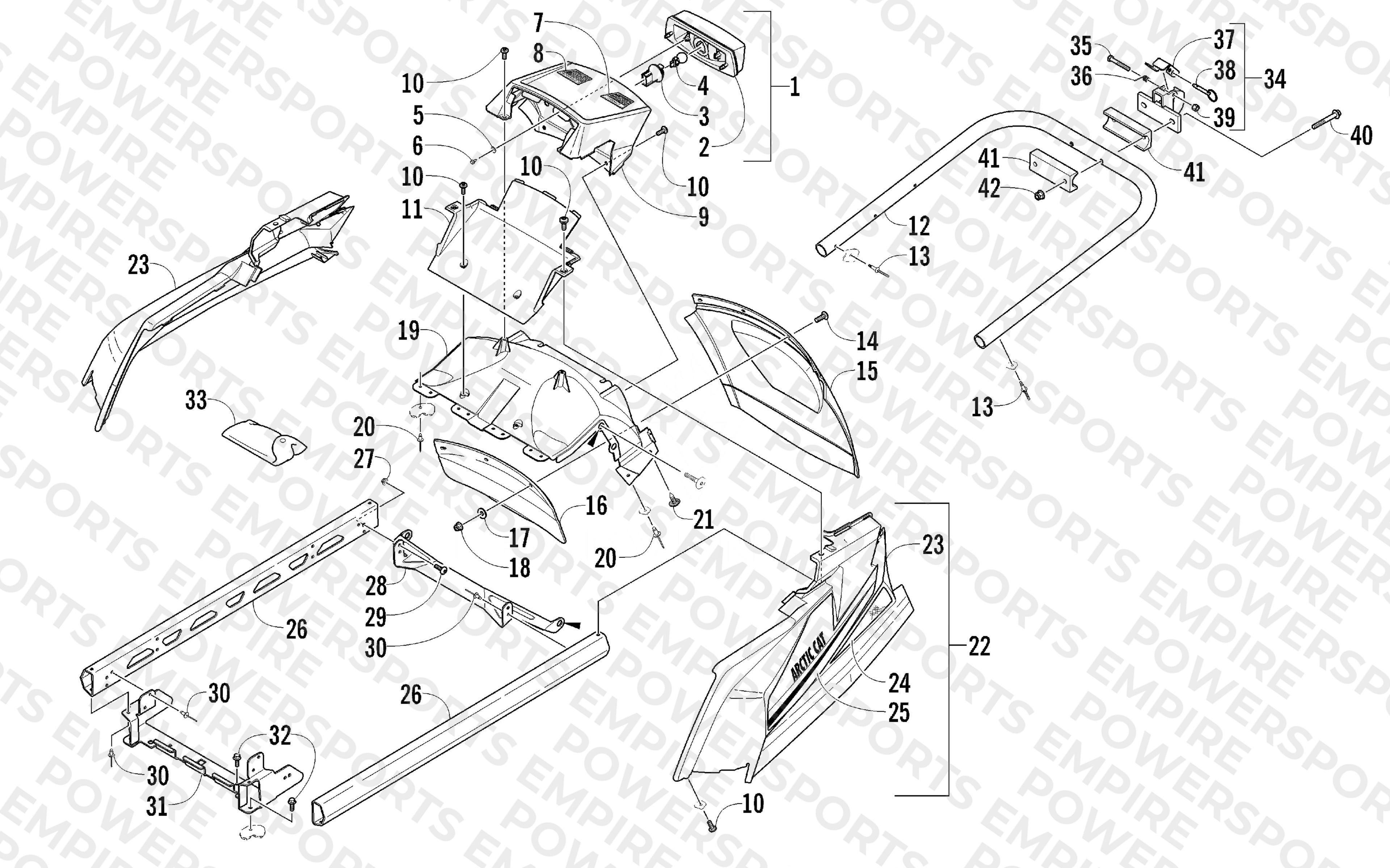 REAR BUMPER, RACK RAIL, SNOWFLAP, AND TAILLIGHT ASSEMBLY