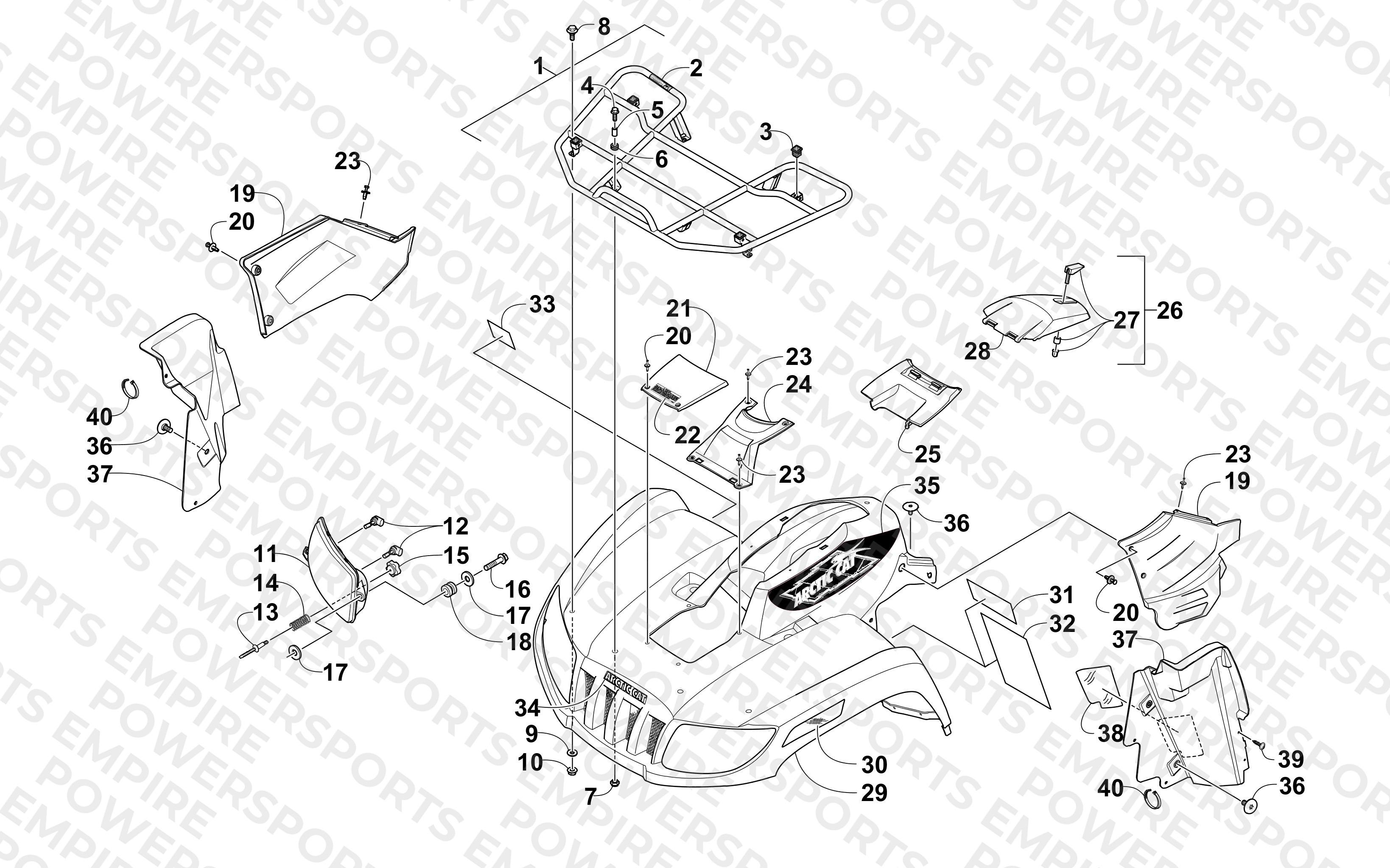 FRONT RACK, BODY PANEL, AND HEADLIGHT ASSEMBLIES