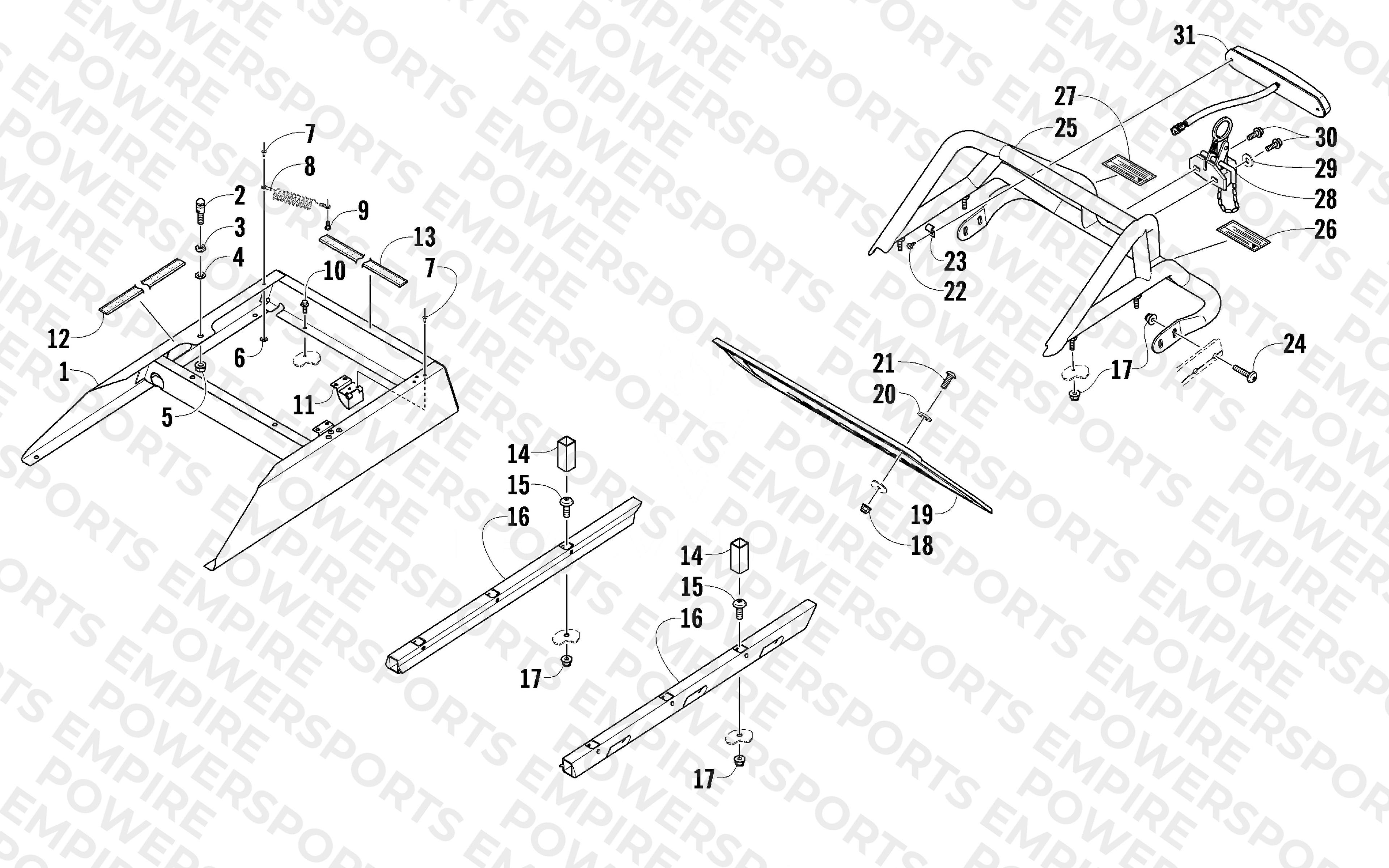 REAR BUMPER, RACK RAIL, SNOWFLAP, AND TAILLIGHT ASSEMBLY