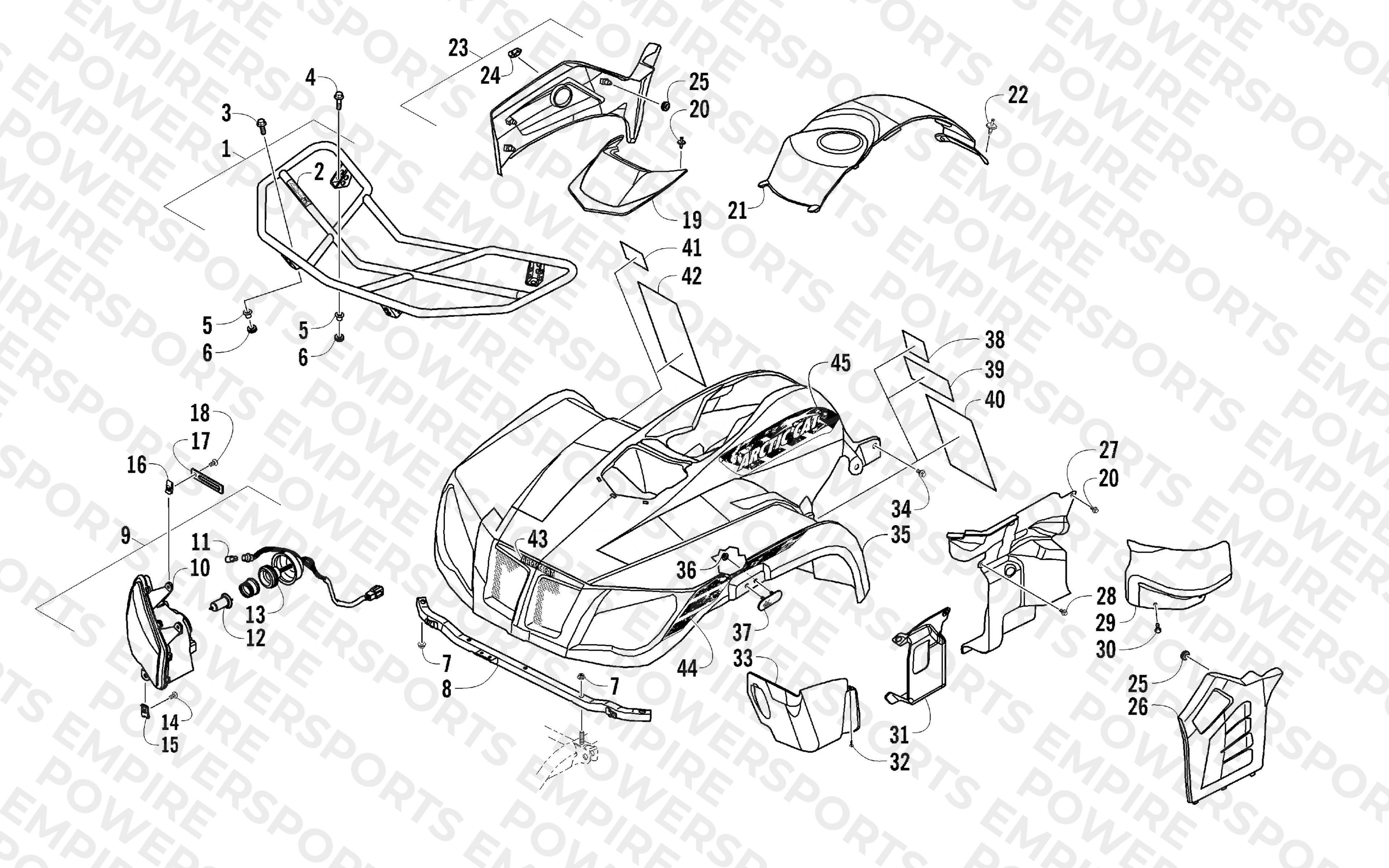 FRONT RACK, BODY PANEL, AND HEADLIGHT ASSEMBLIES