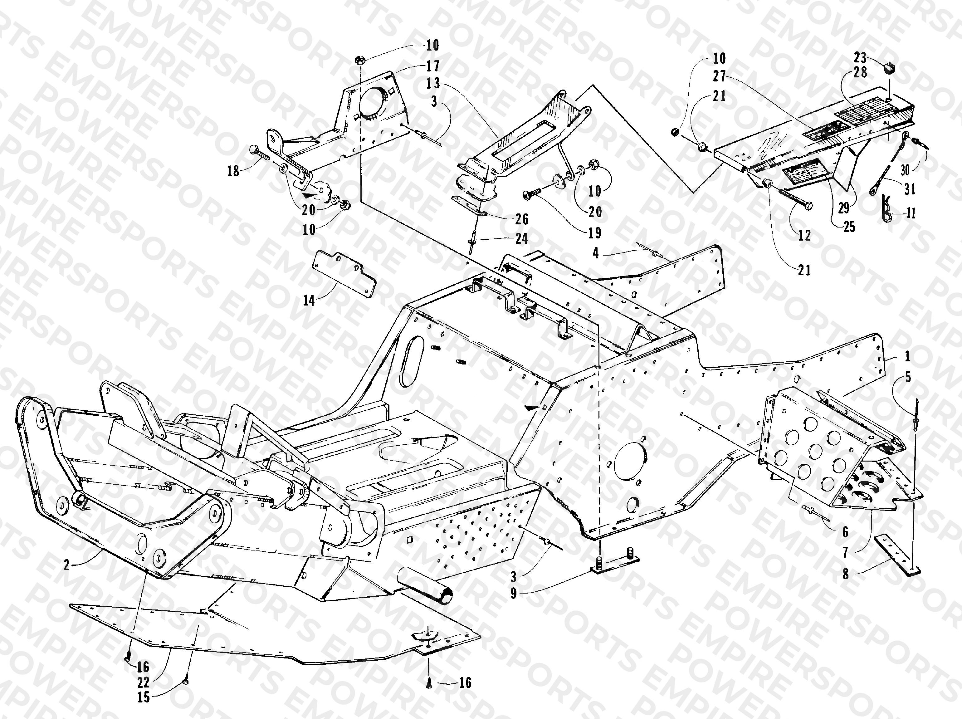 FRONT FRAME, FOOTREST, AND BELT GUARD ASSEMBLY