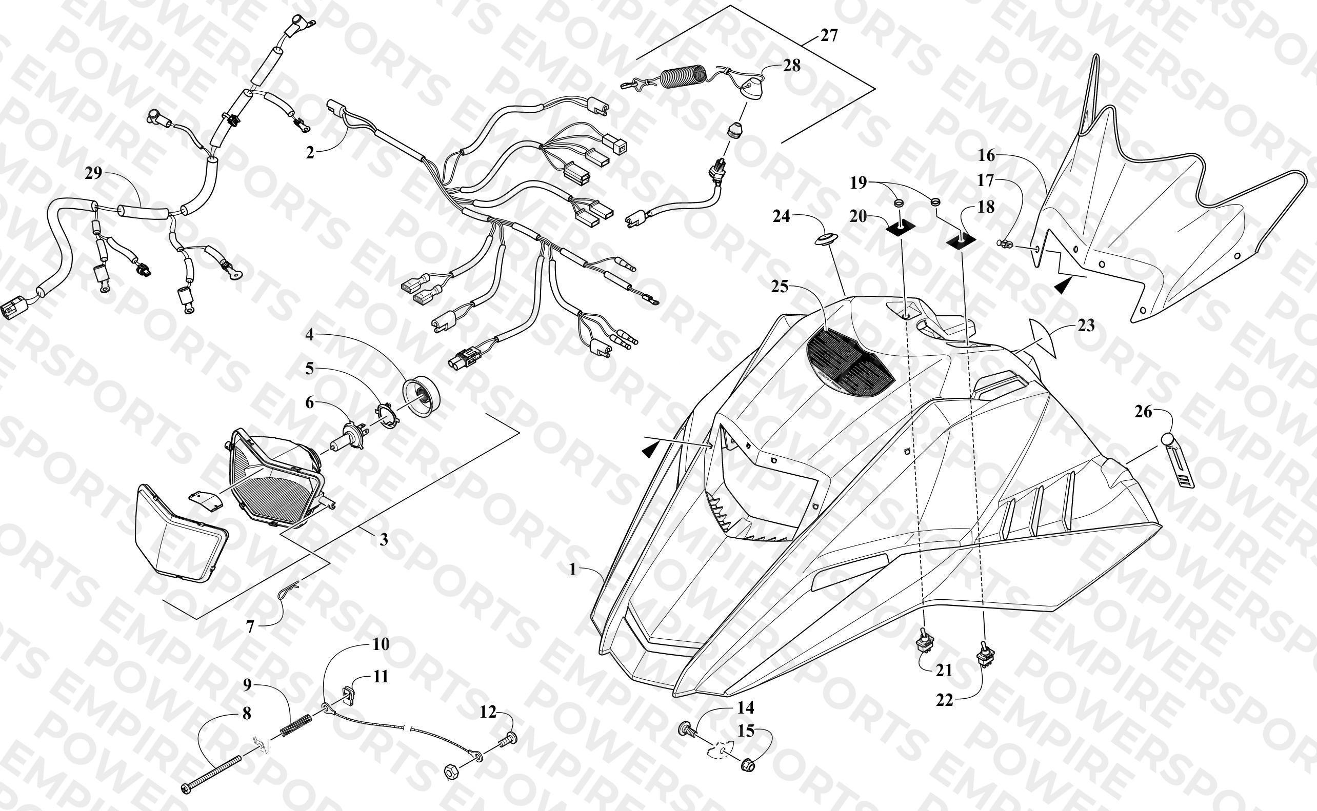 HOOD, HEADLIGHT, AND WINDSHIELD ASSEMBLY