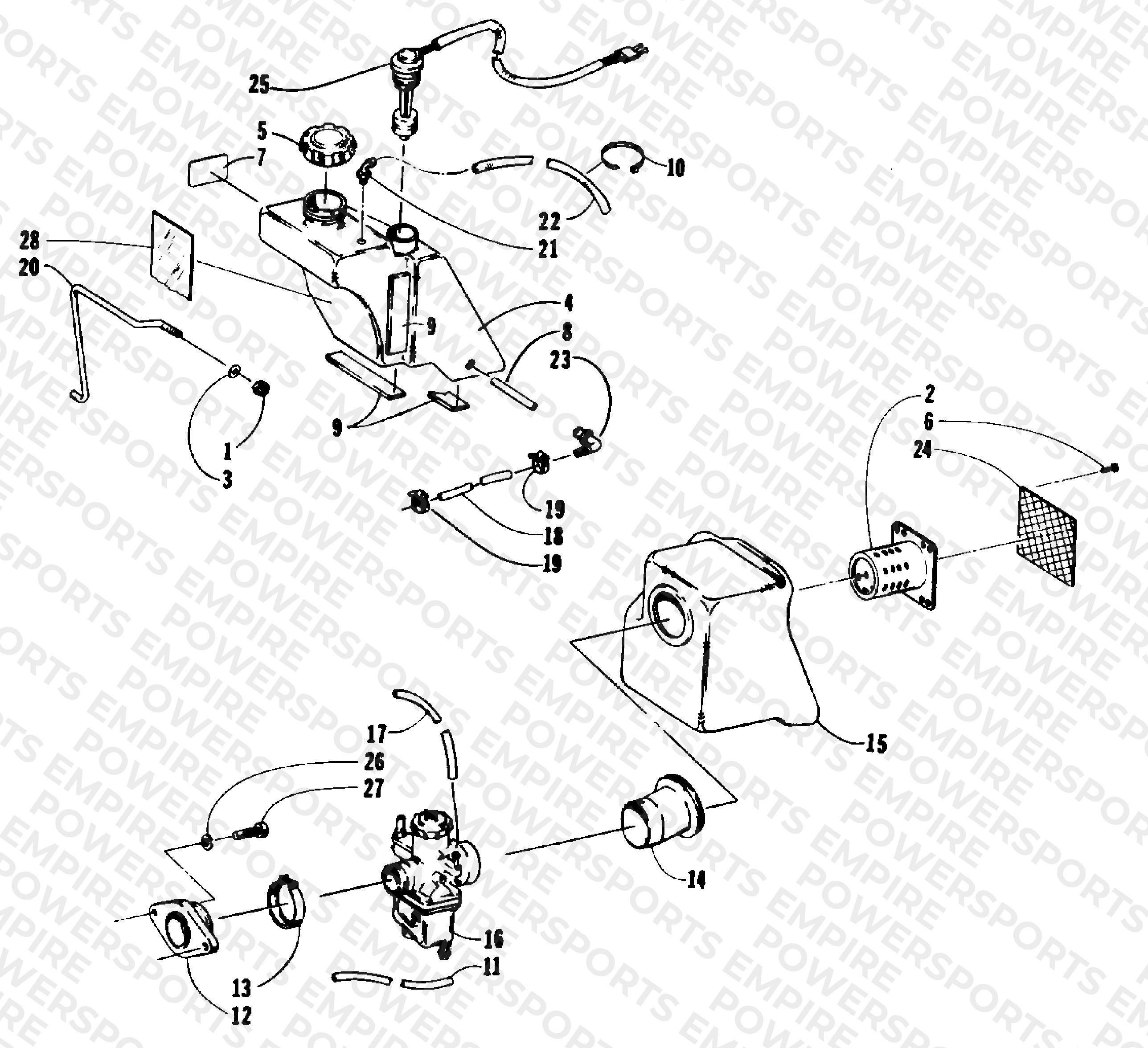 OIL TANK, CARBURETOR, FUEL PUMP AND SILENCER