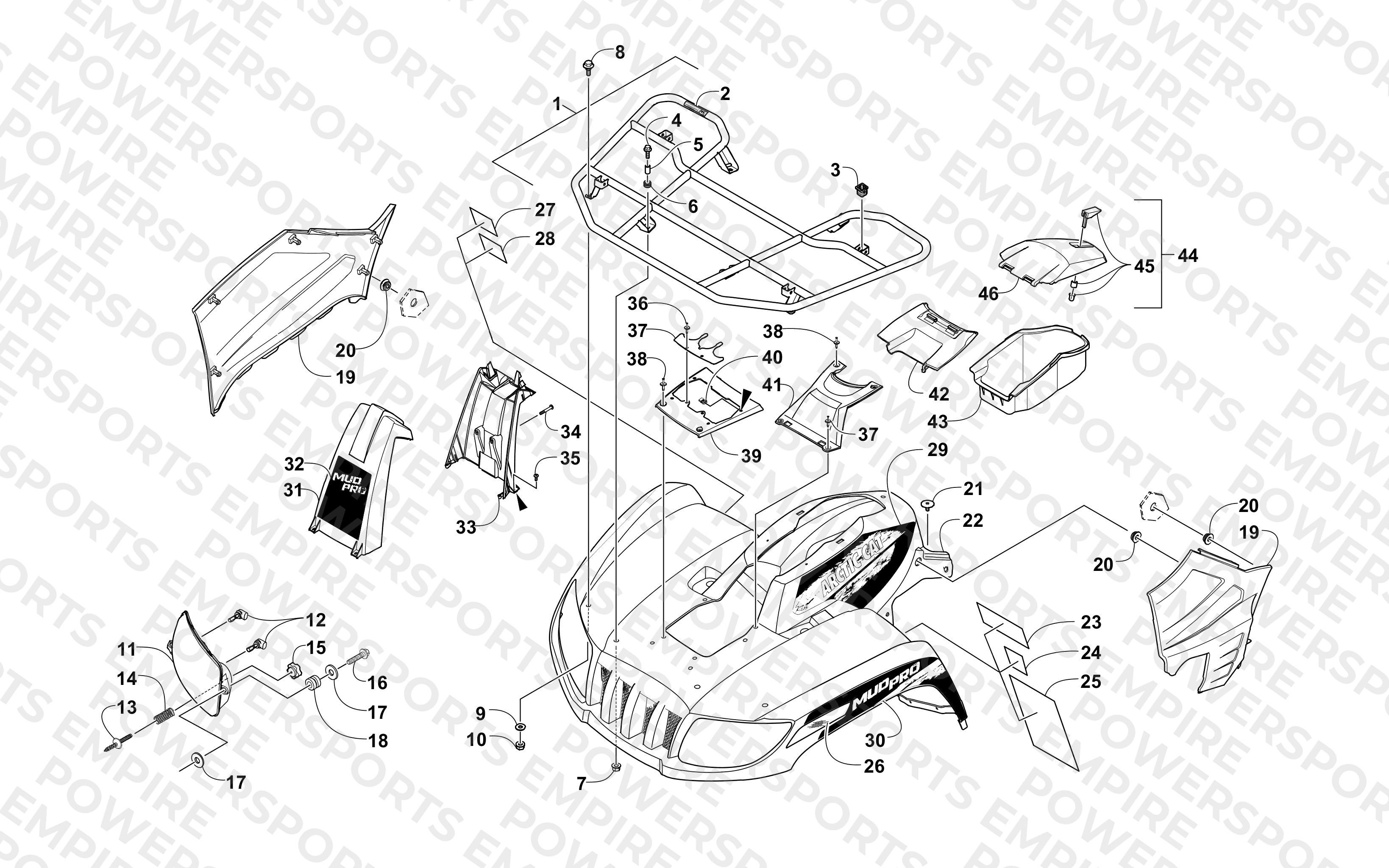 FRONT RACK, BODY PANEL, AND HEADLIGHT ASSEMBLIES
