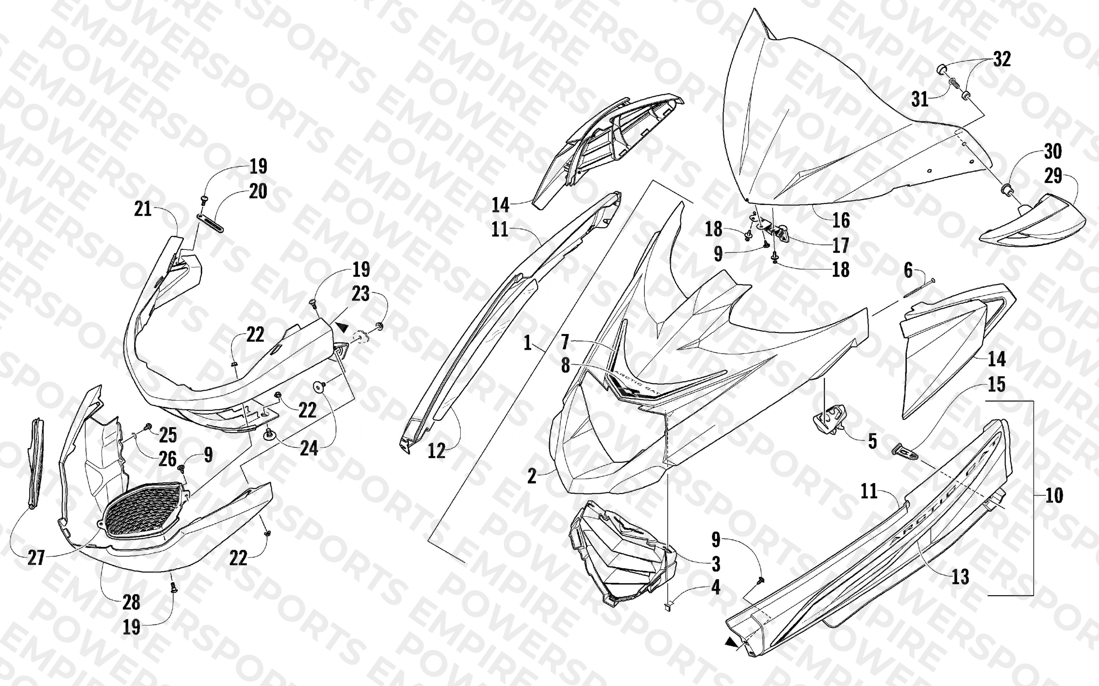 HOOD, WINDSHIELD, AND FRONT BUMPER ASSEMBLY
