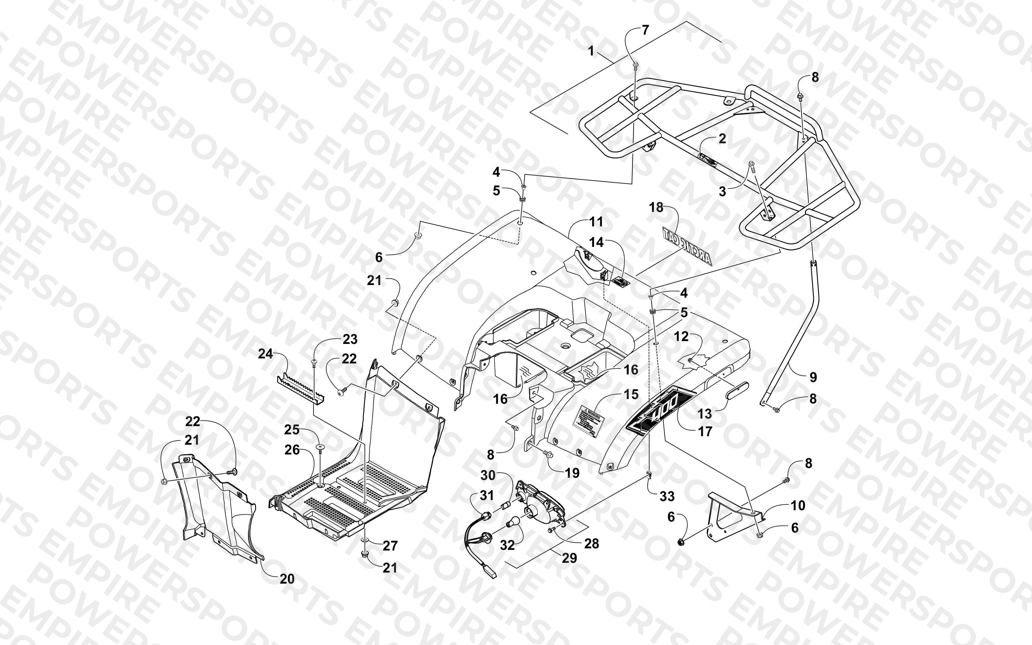 REAR BODY, RACK, AND TAILLIGHT ASSEMBLY
