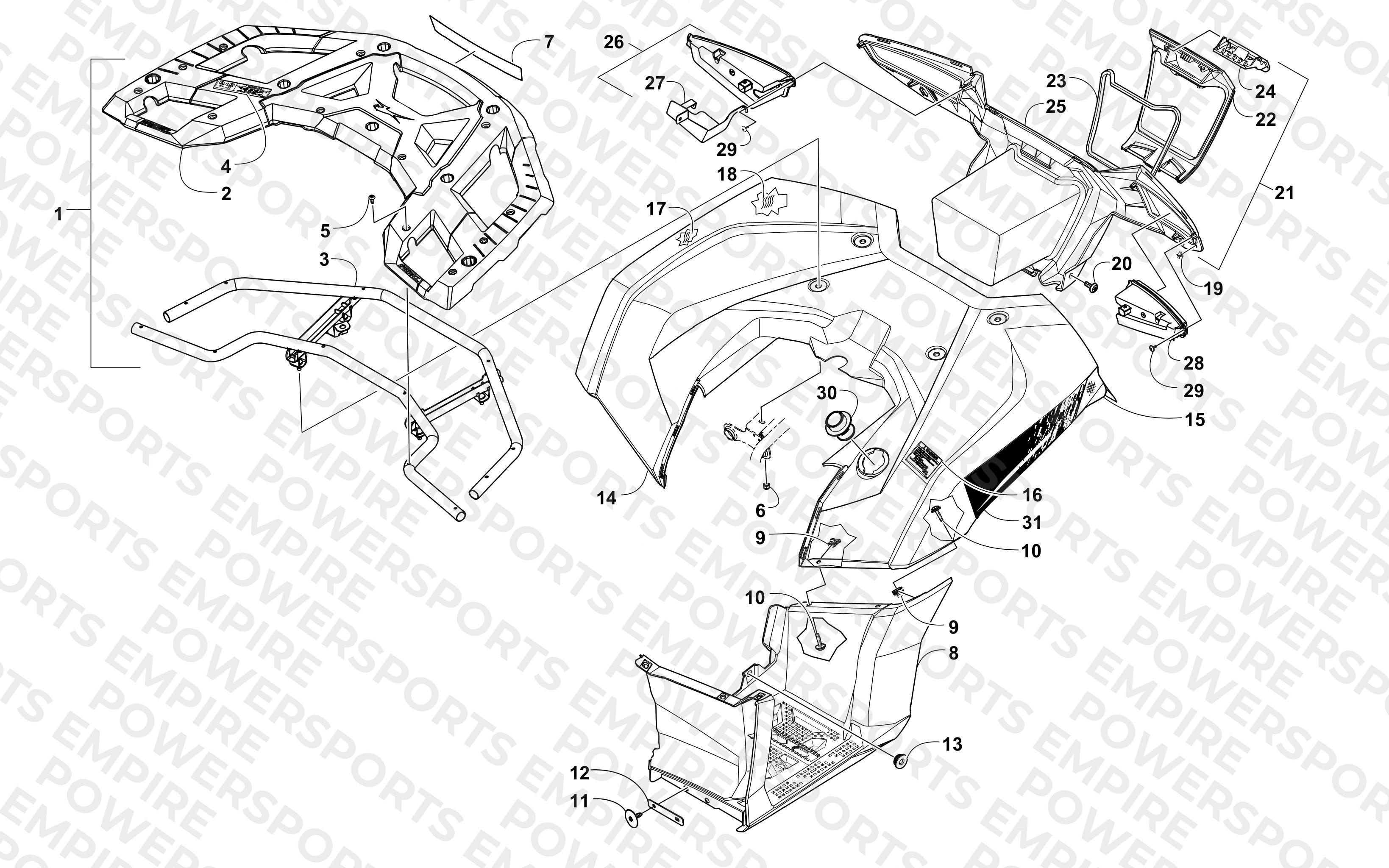 REAR RACK, BODY PANEL, FOOTWELL, AND TAILLIGHT ASSEMBLIES