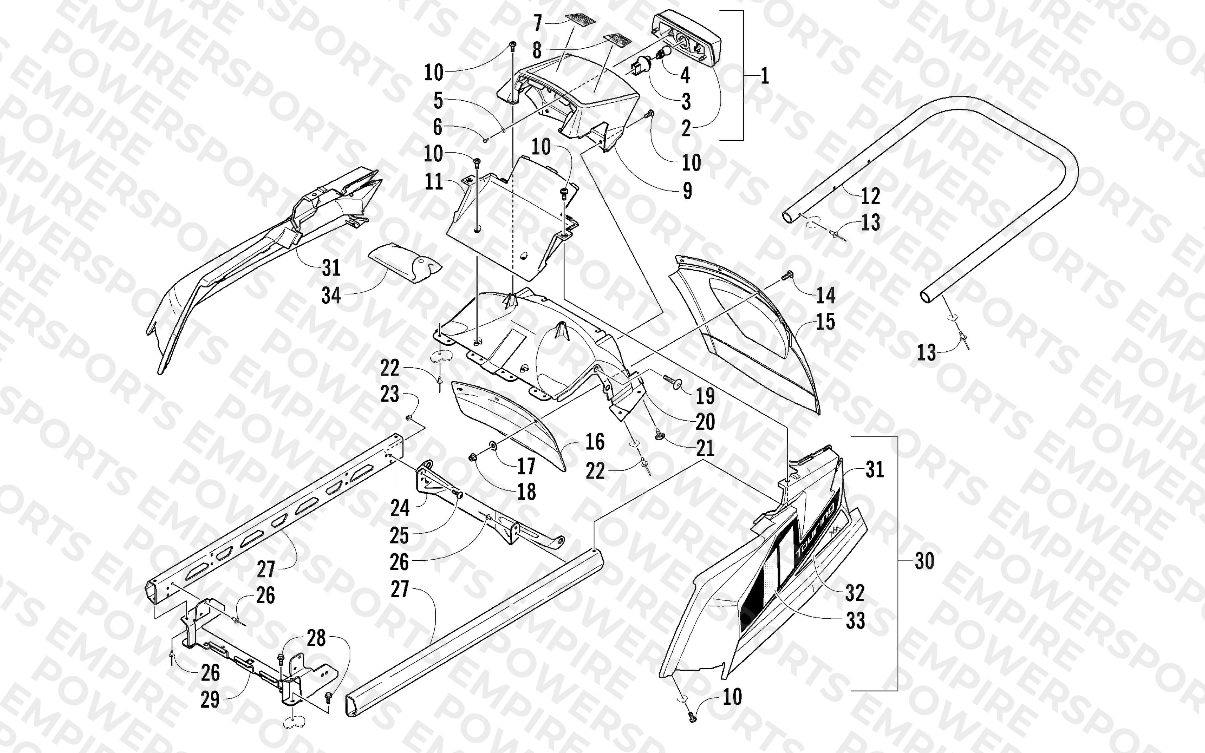 REAR BUMPER, RACK RAIL, SNOWFLAP, AND TAILLIGHT ASSEMBLY