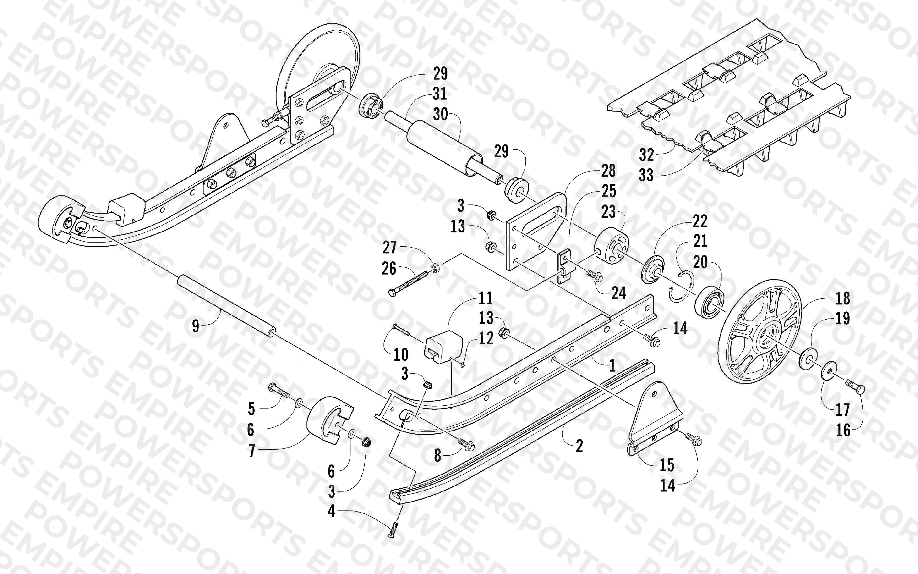 SLIDE RAIL, IDLER WHEELS, AND TRACK ASSEMBLY
