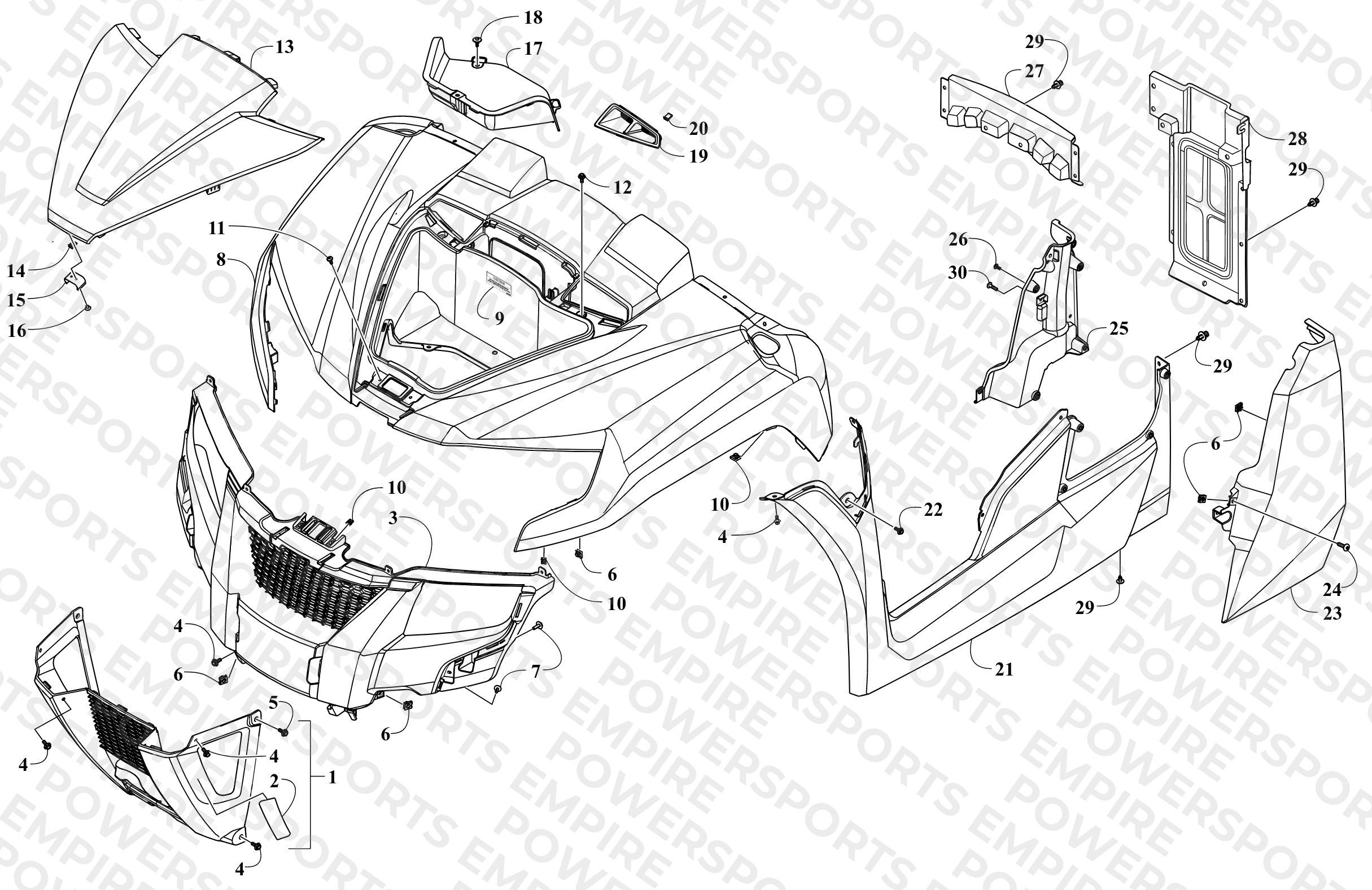 GRILLE, FRONT BODY PANEL, AND SIDE PANEL ASSEMBLY