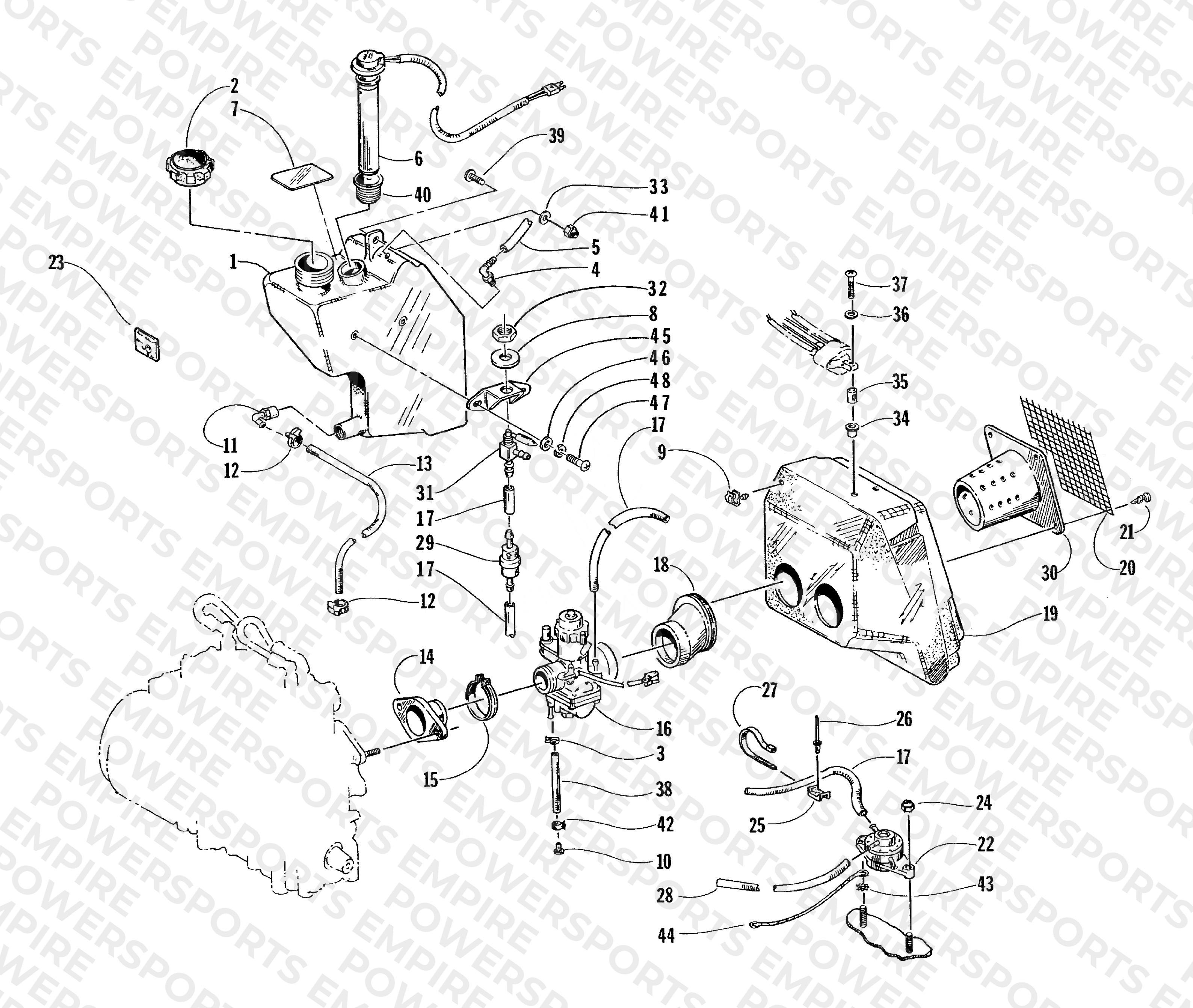 OIL TANK, CARBURETOR, FUEL PUMP, AND SILENCER