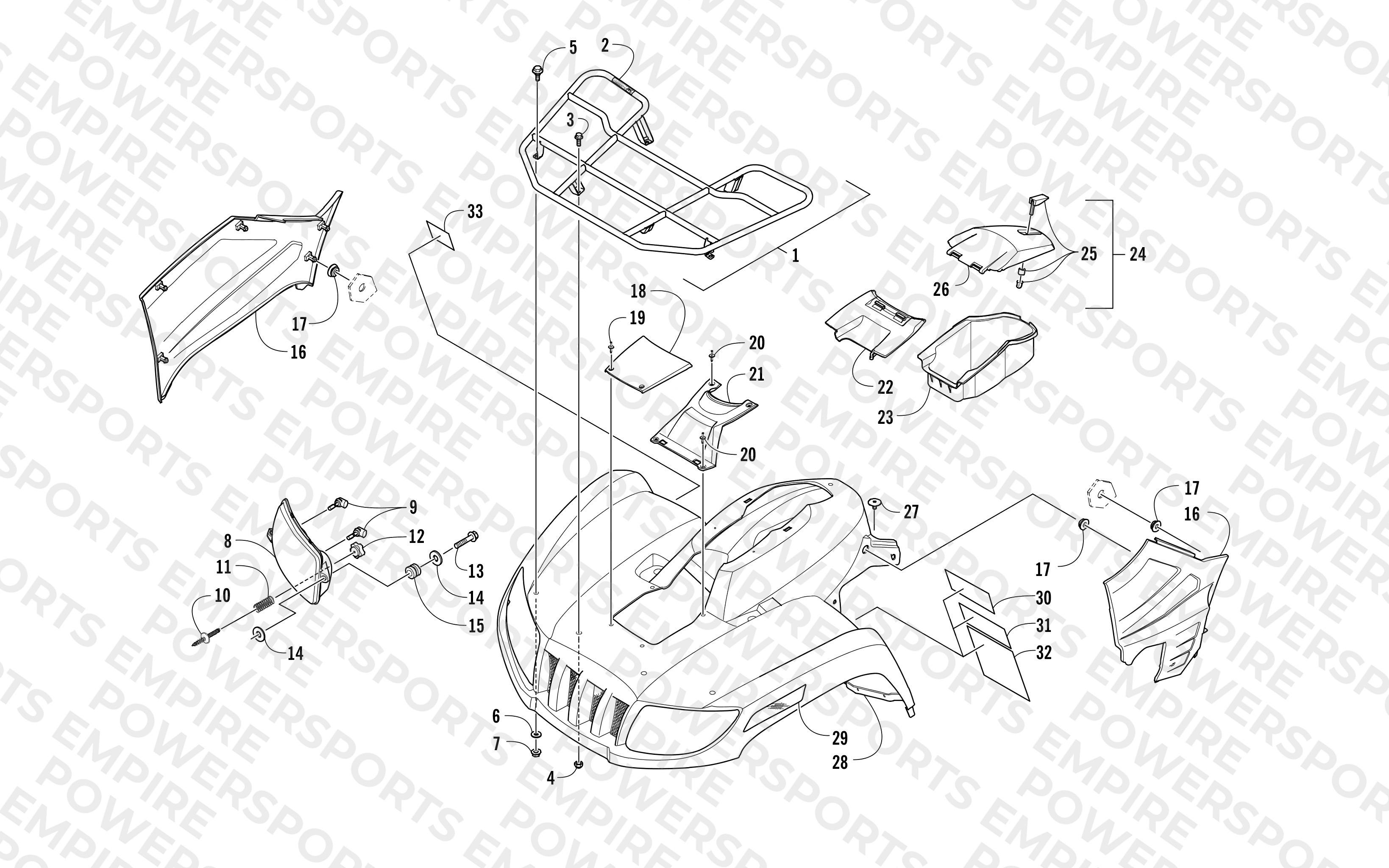 FRONT RACK, BODY PANEL, AND HEADLIGHT ASSEMBLIES