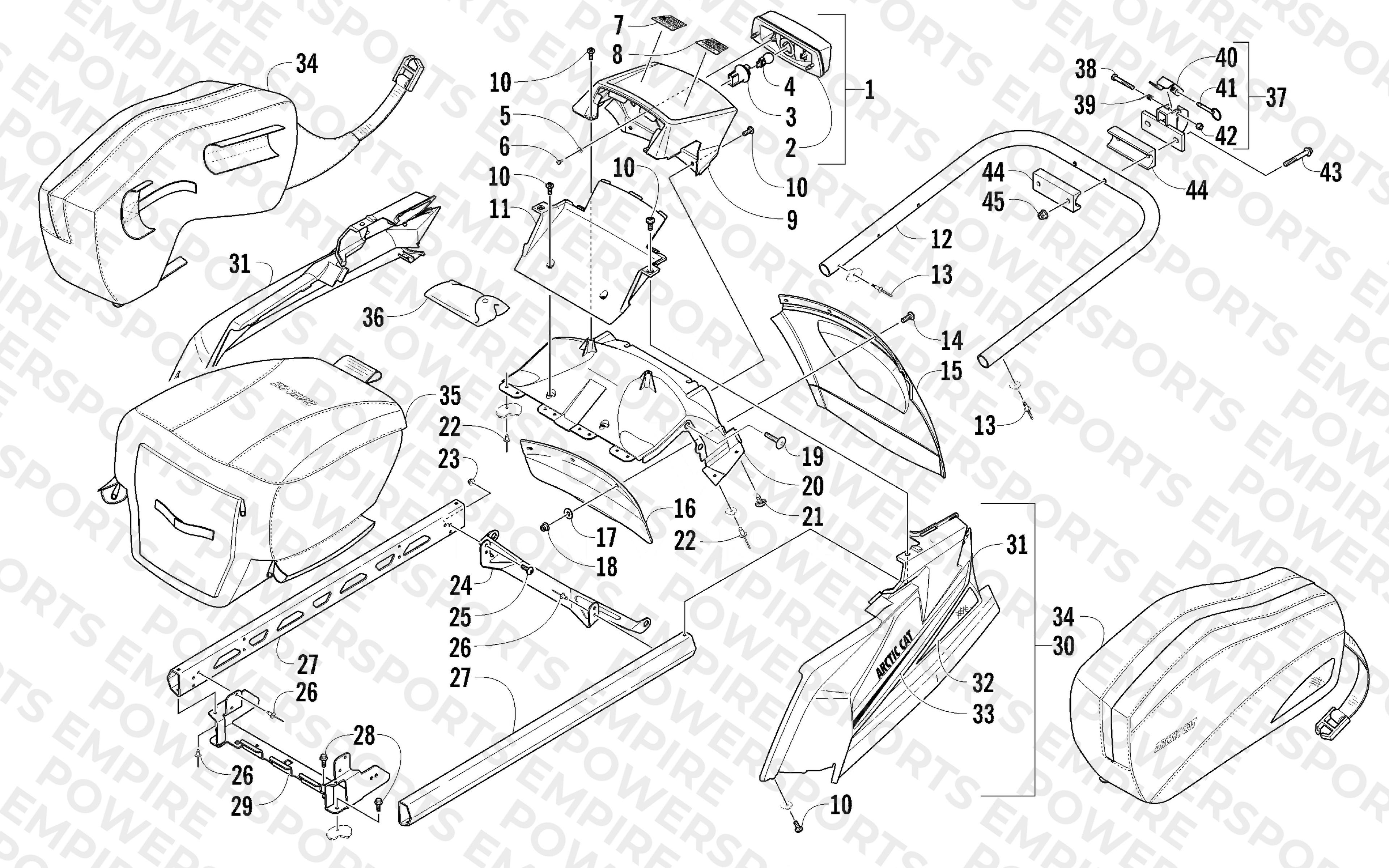 REAR BUMPER, RACK RAIL, SNOWFLAP, AND TAILLIGHT ASSEMBLY