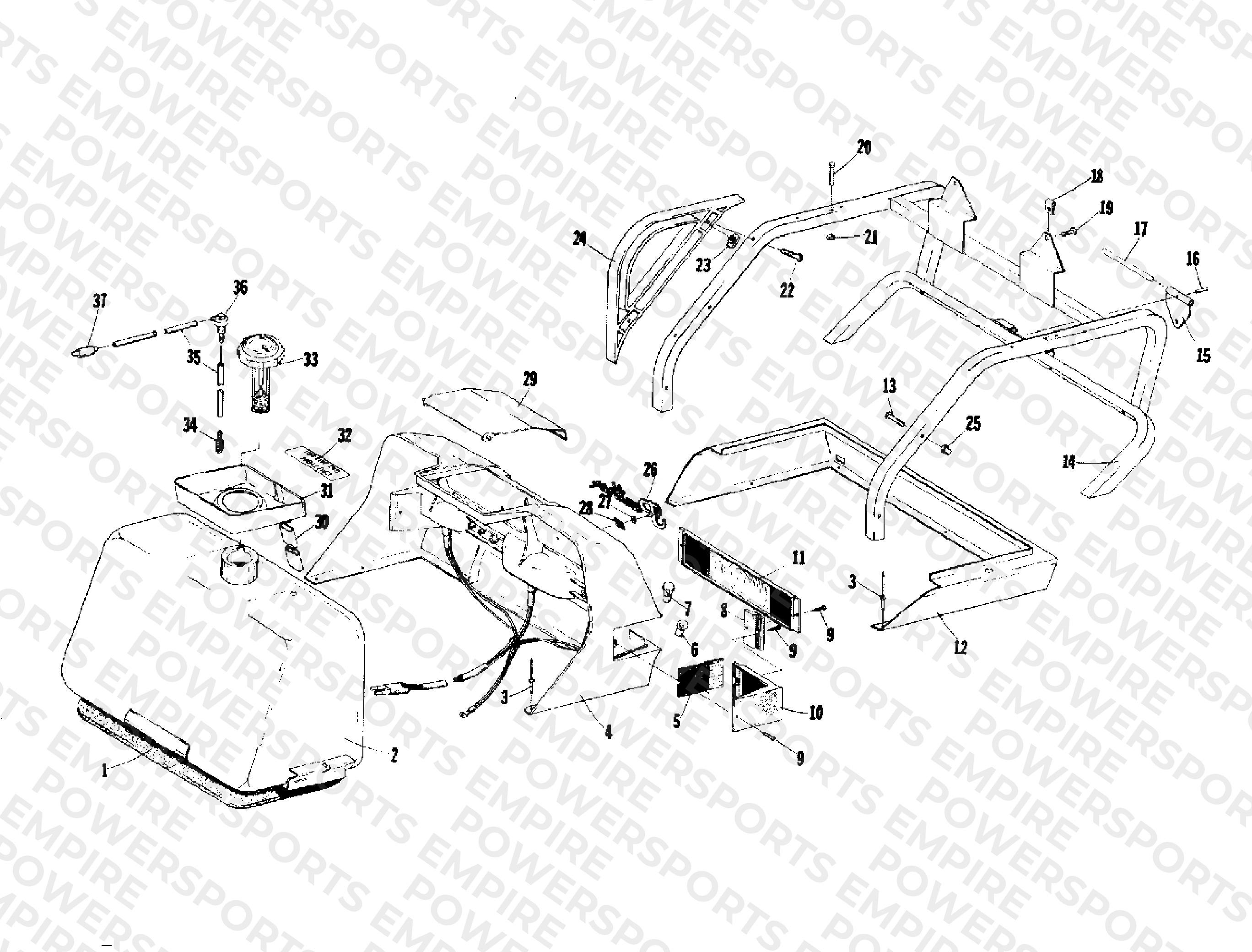 GAS TANK, REAR SHROUD AND BUMPER