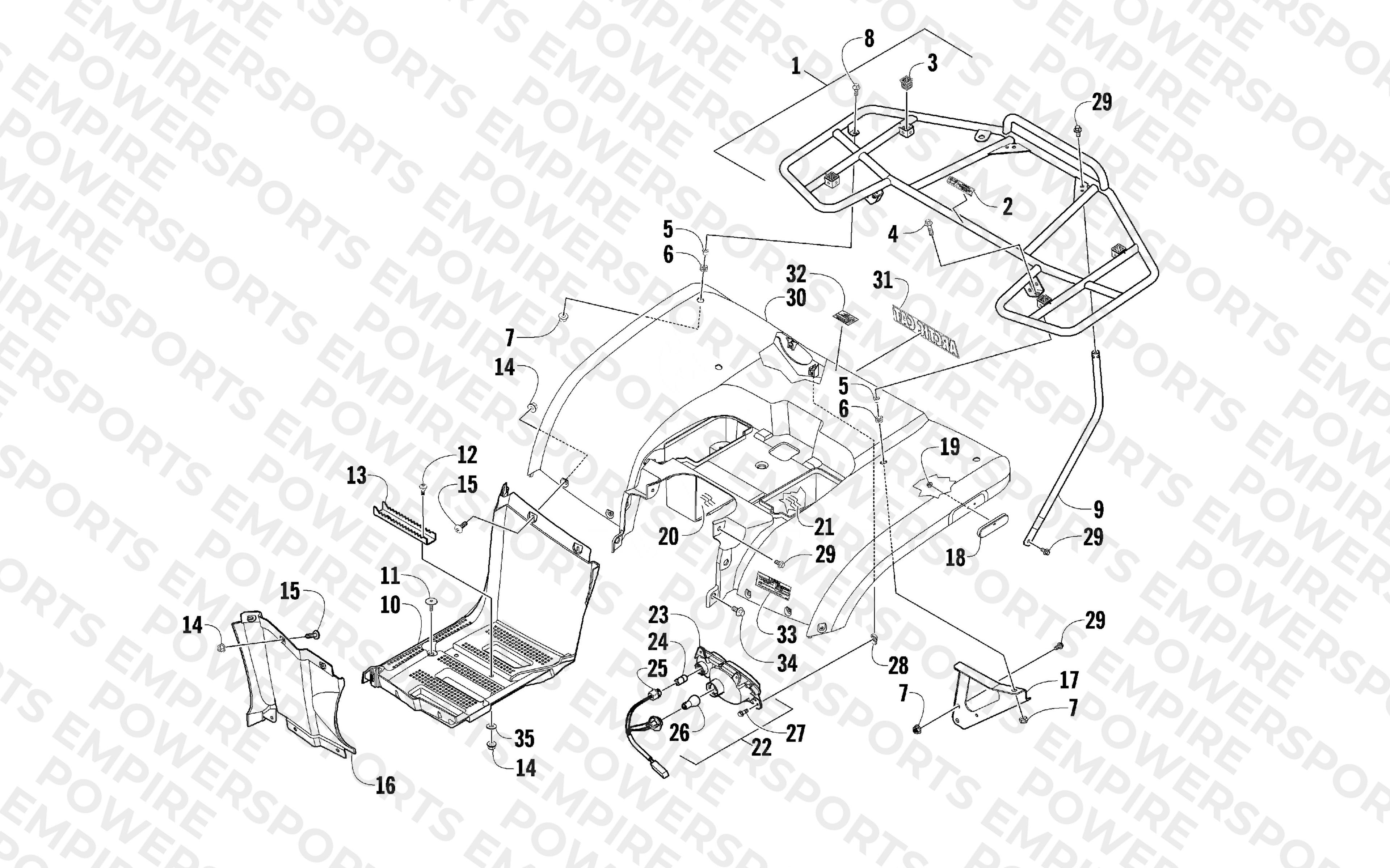 REAR BODY, RACK, AND TAILLIGHT ASSEMBLY