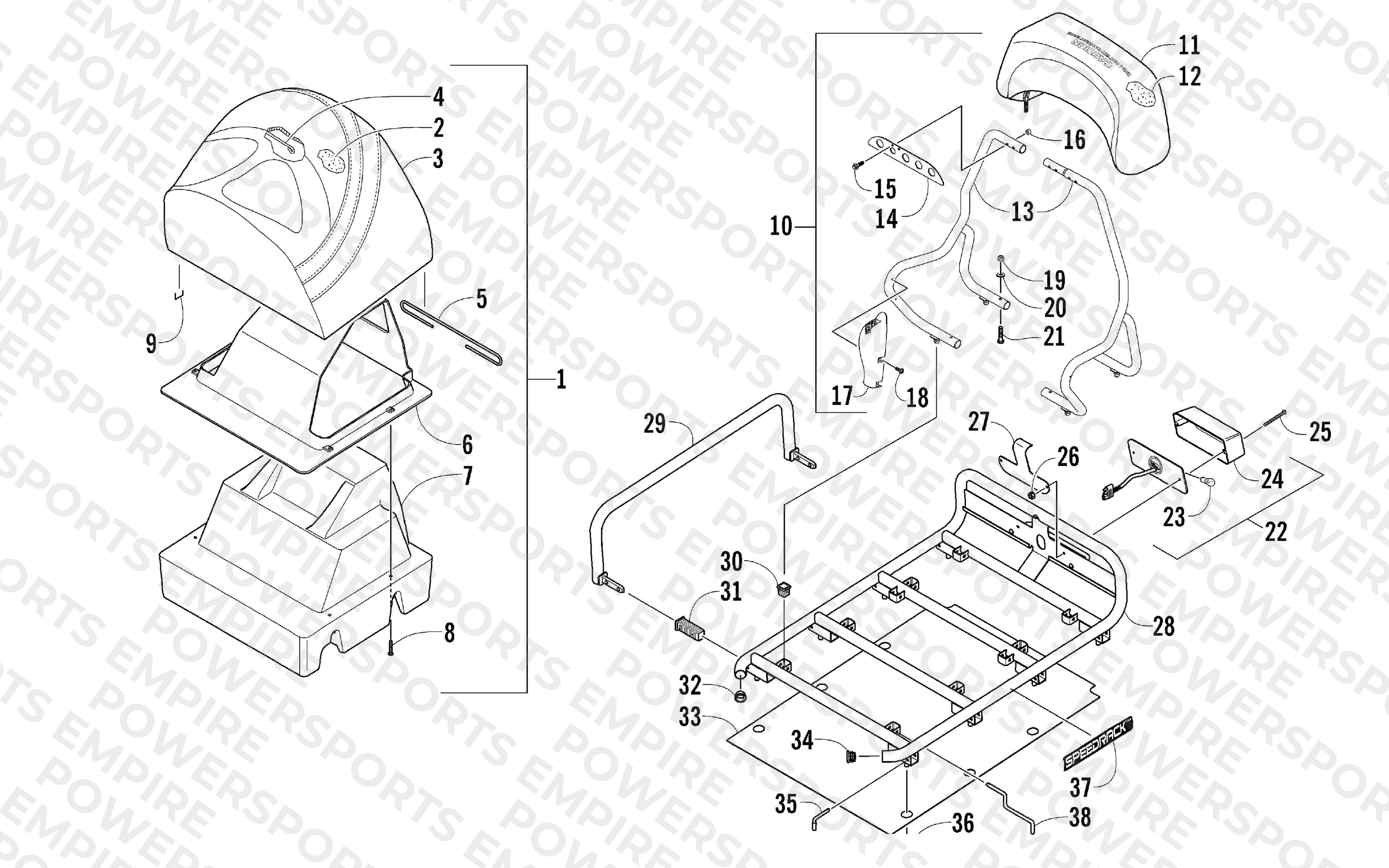REAR SEAT, BACKREST, AND RACK ASSEMBLY