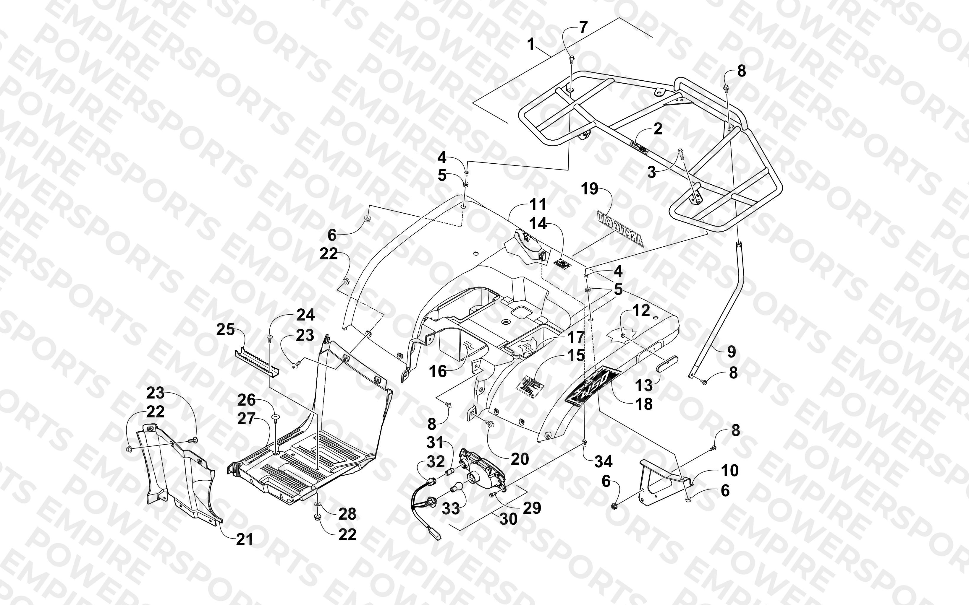 REAR BODY, RACK, AND TAILLIGHT ASSEMBLY