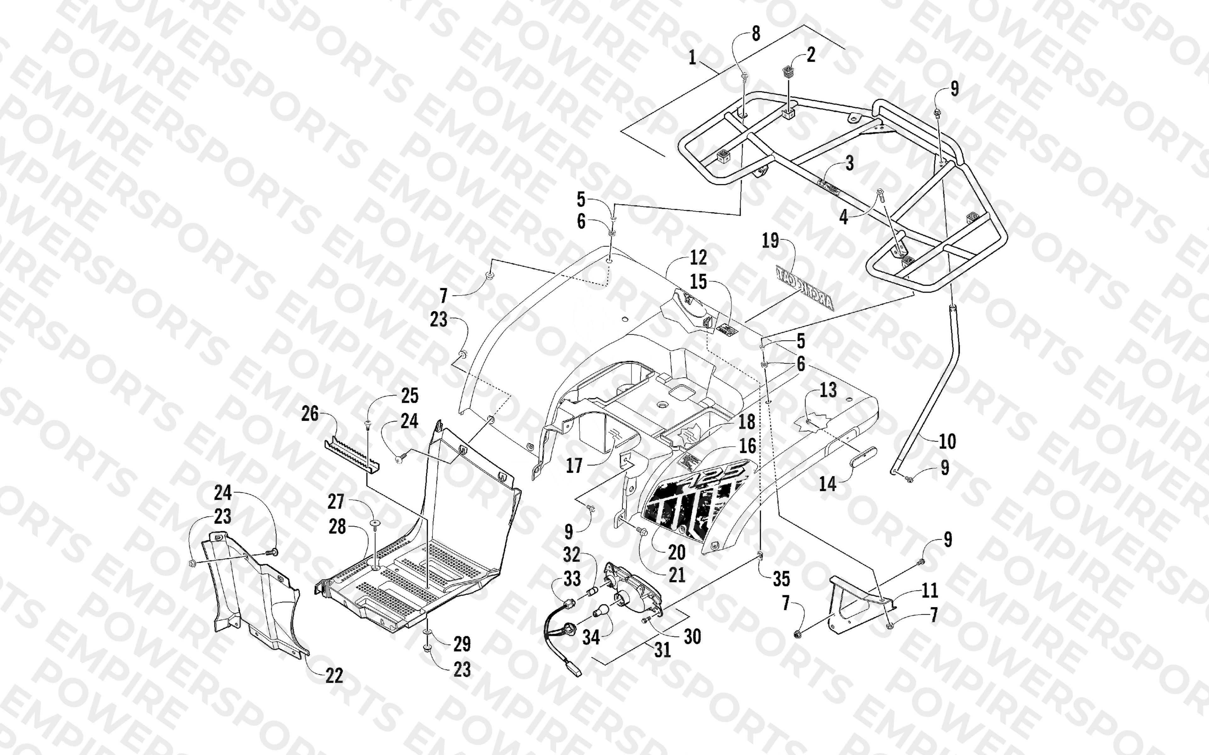 REAR BODY, RACK, AND TAILLIGHT ASSEMBLY