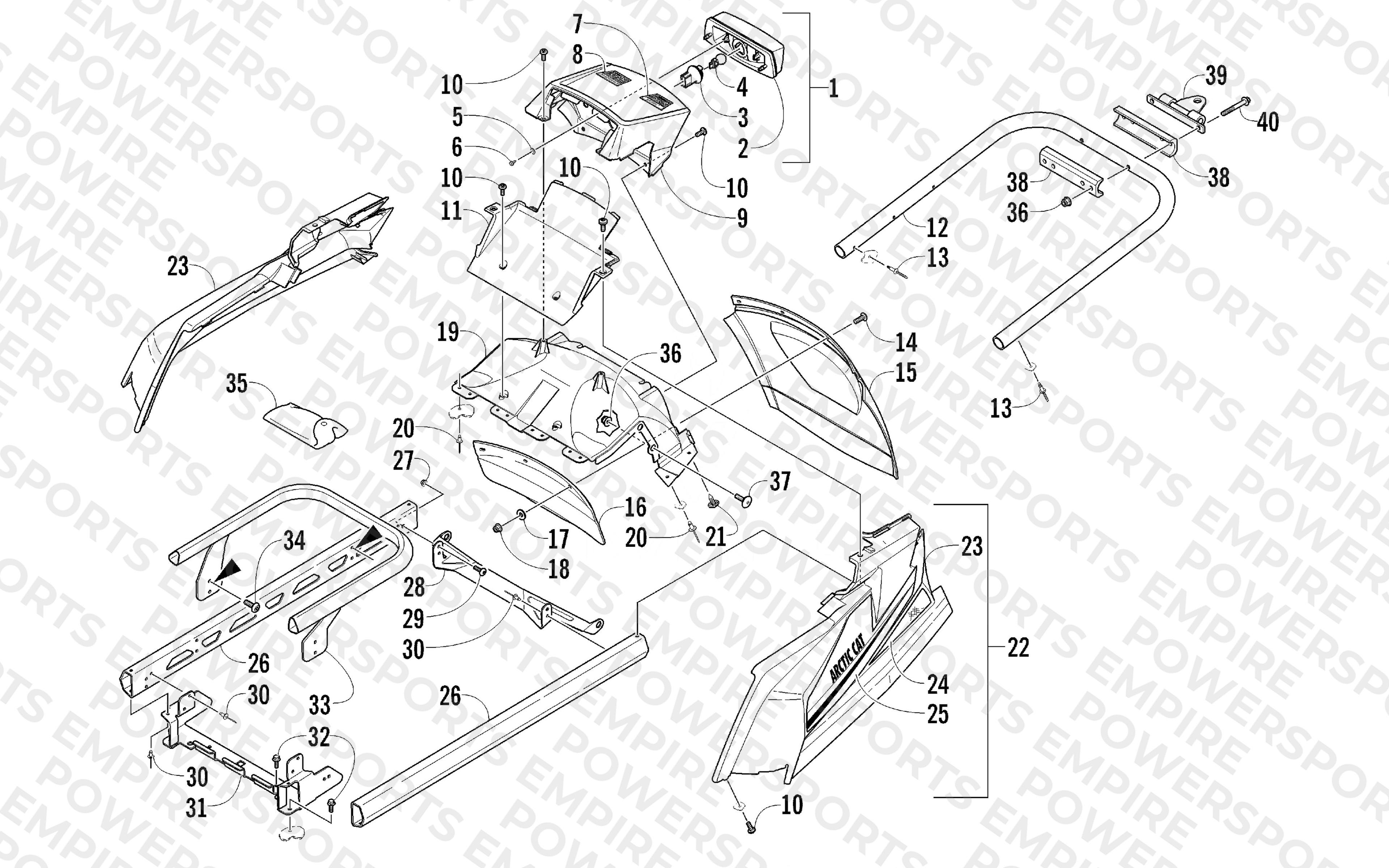 REAR BUMPER, HITCH, RACK RAIL, SNOWFLAP, AND TAILLIGHT ASSEMBLY